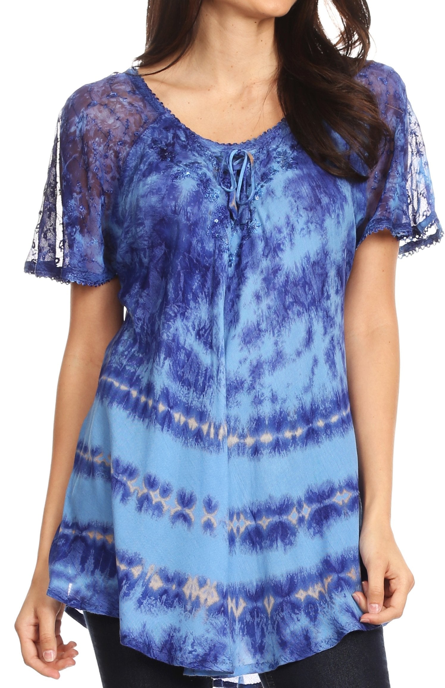 Sakkas - Allegra Short Sleeve Loose Fit Casual Tie Dye Blouse Tunic Shirt