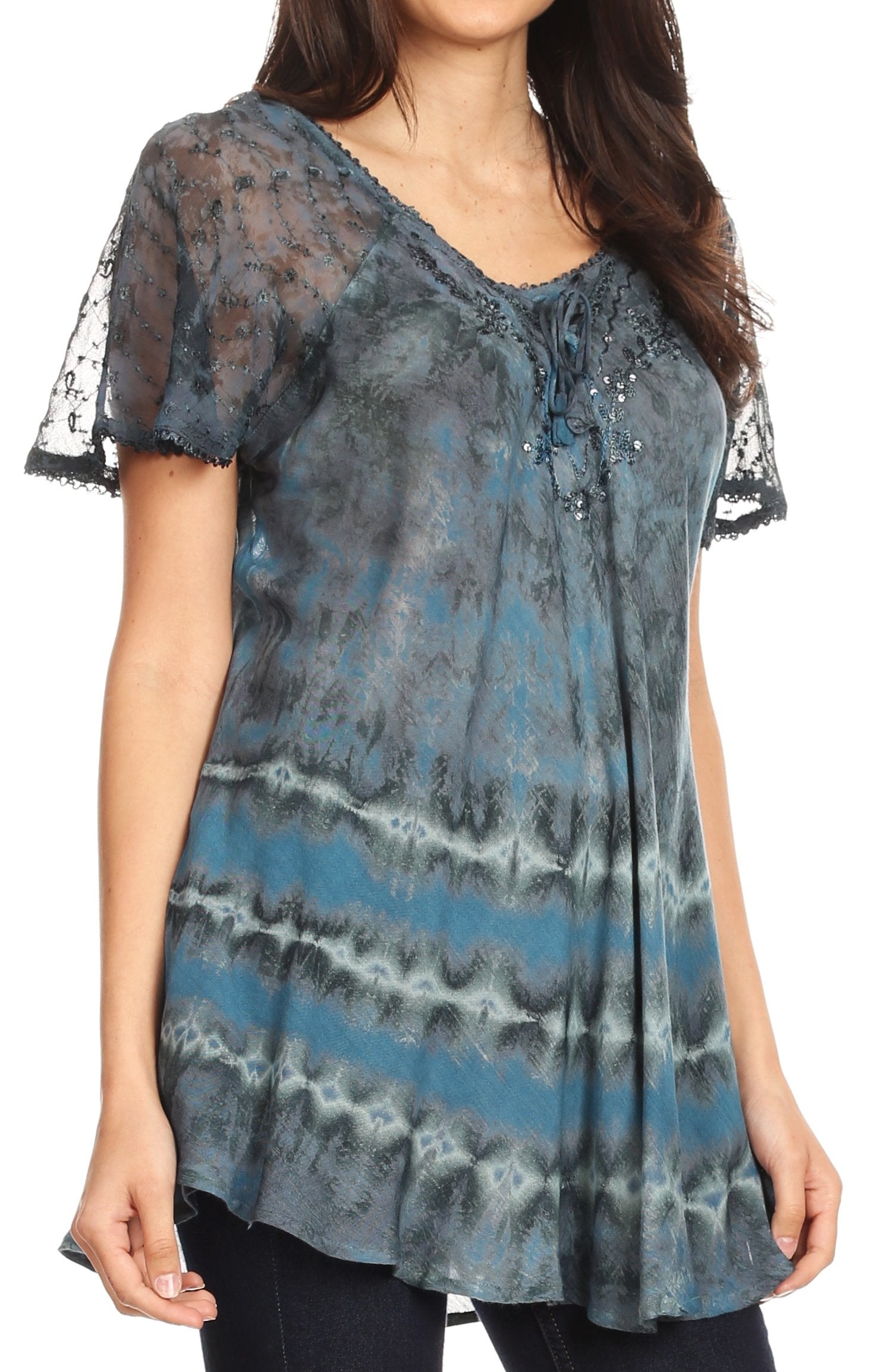 Sakkas - Allegra Short Sleeve Loose Fit Casual Tie Dye Blouse Tunic Shirt
