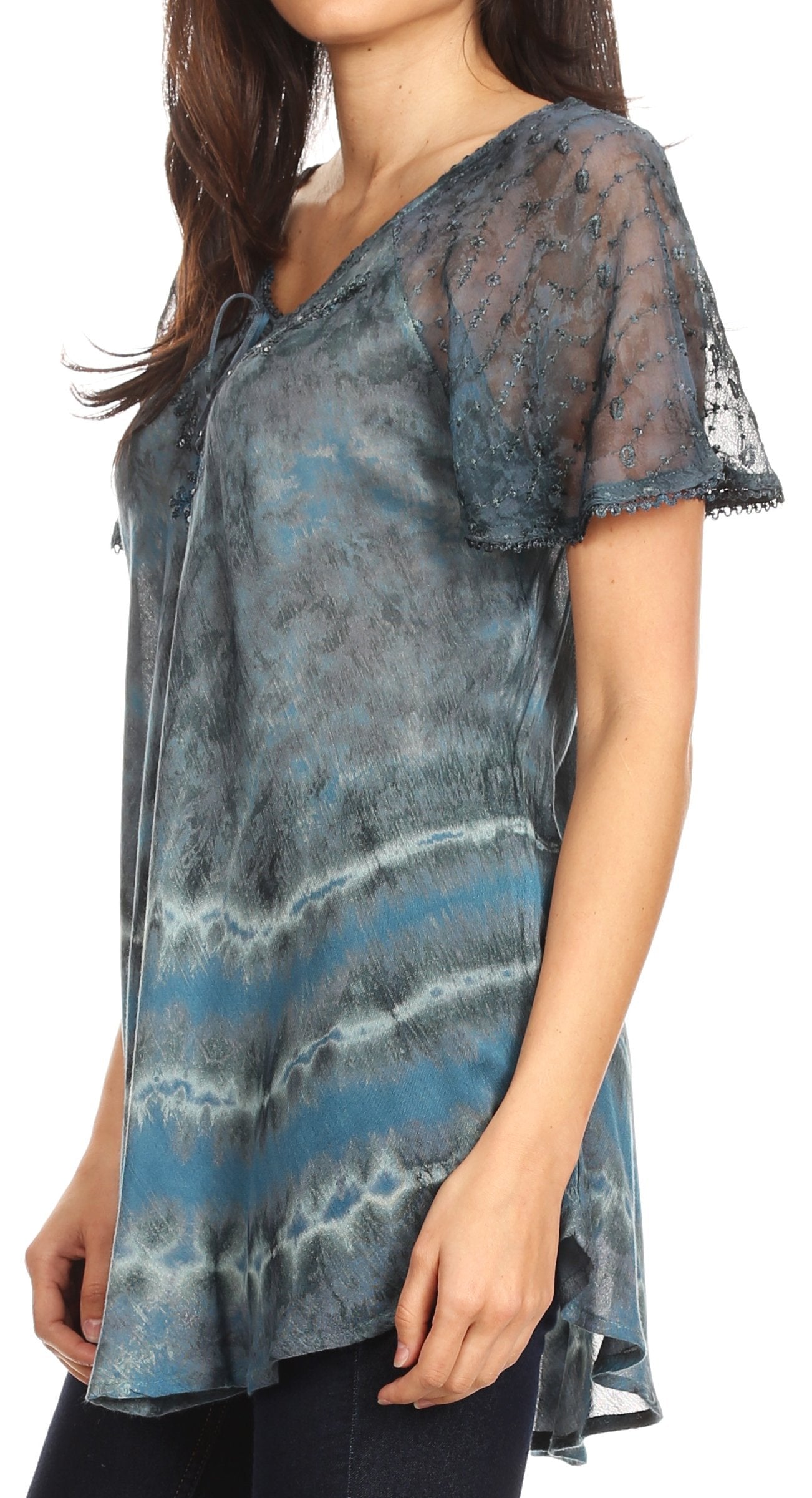 Sakkas - Allegra Short Sleeve Loose Fit Casual Tie Dye Blouse Tunic Shirt