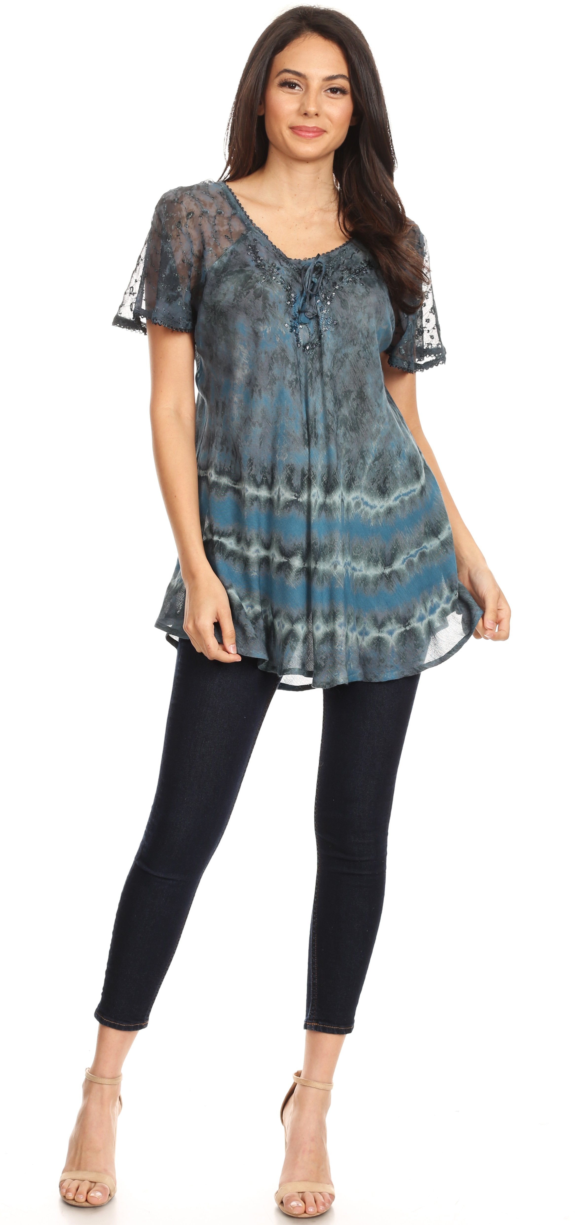 Sakkas - Allegra Short Sleeve Loose Fit Casual Tie Dye Blouse Tunic Shirt