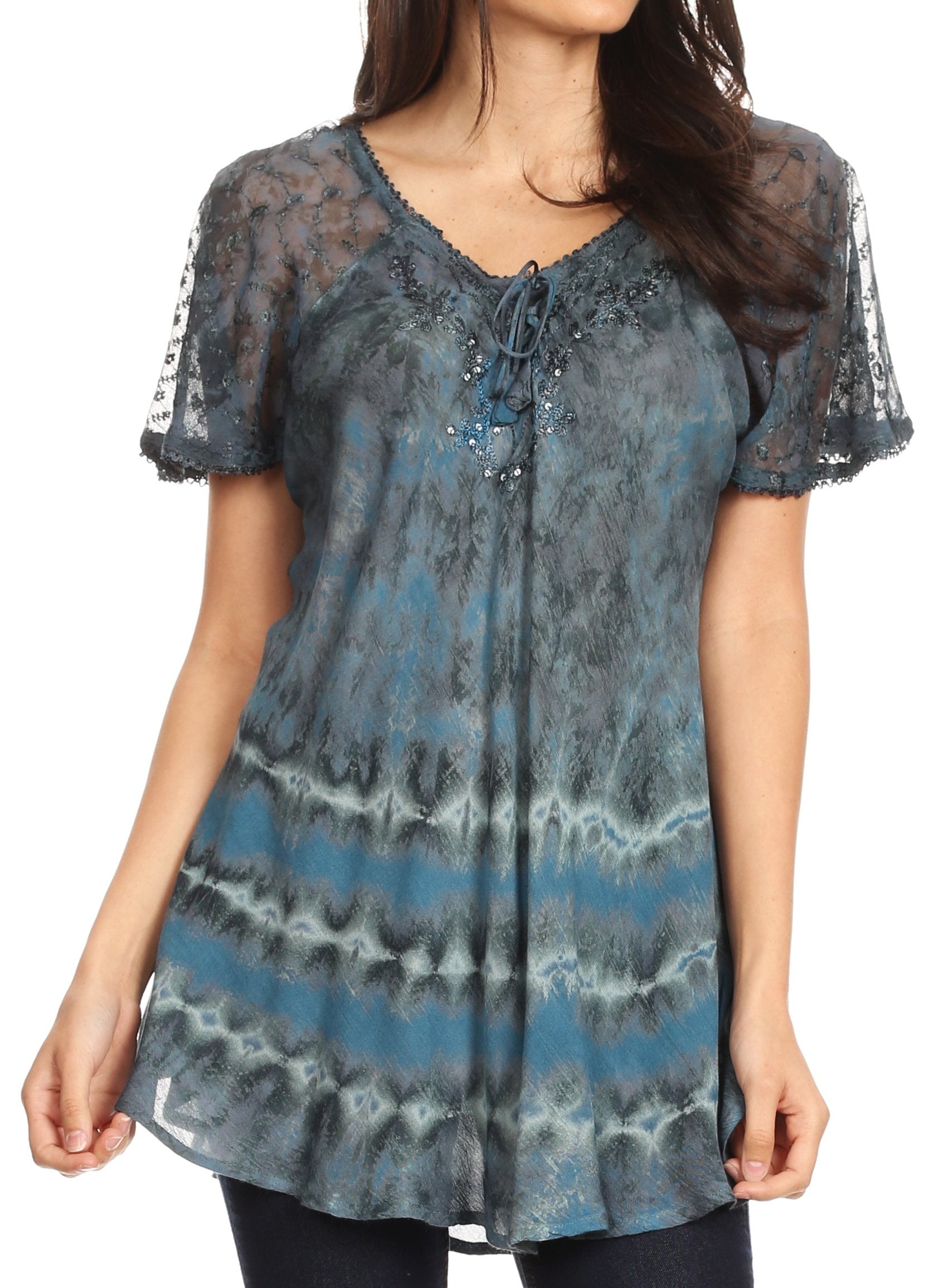Sakkas - Allegra Short Sleeve Loose Fit Casual Tie Dye Blouse Tunic Shirt