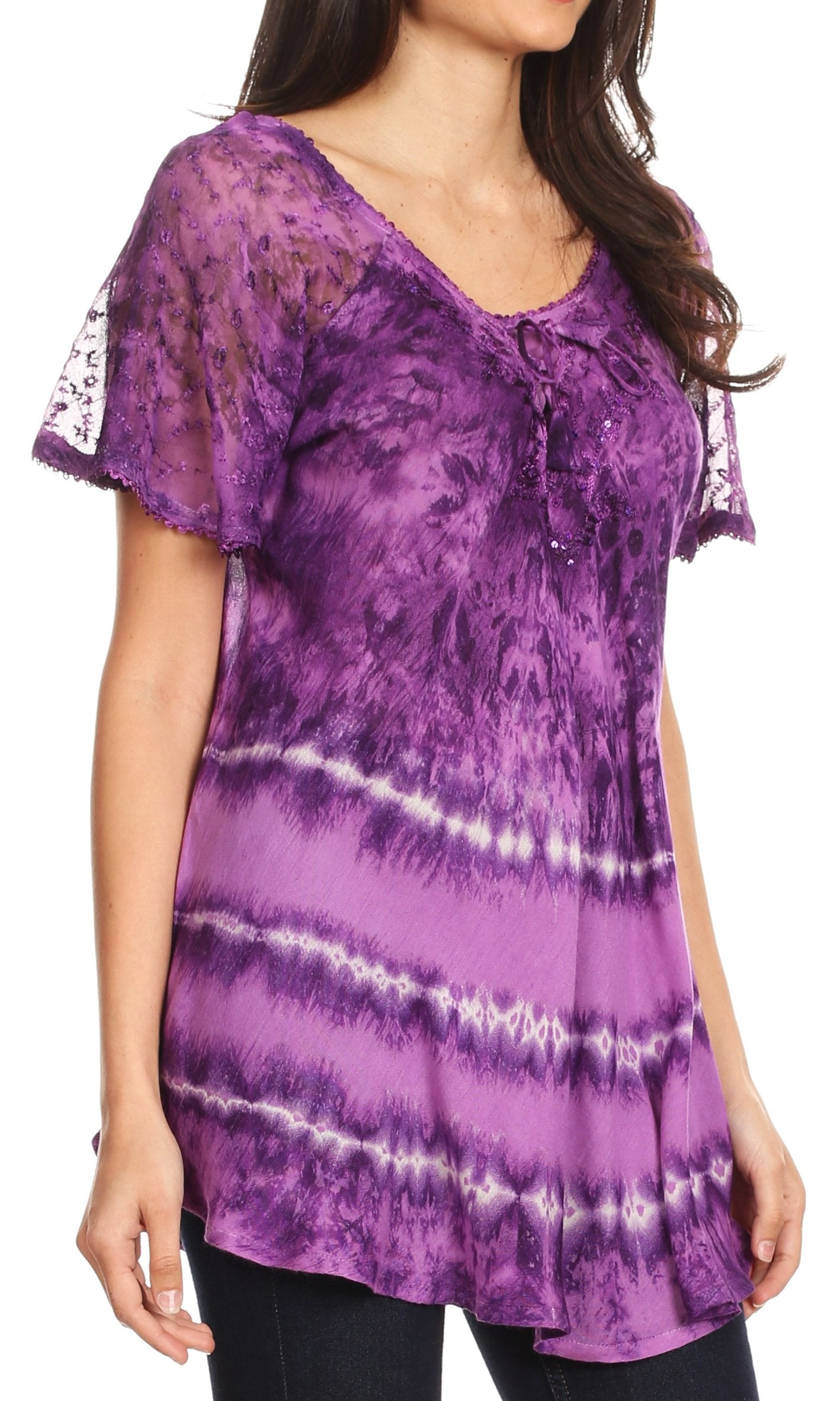 Sakkas - Allegra Short Sleeve Loose Fit Casual Tie Dye Blouse Tunic Shirt