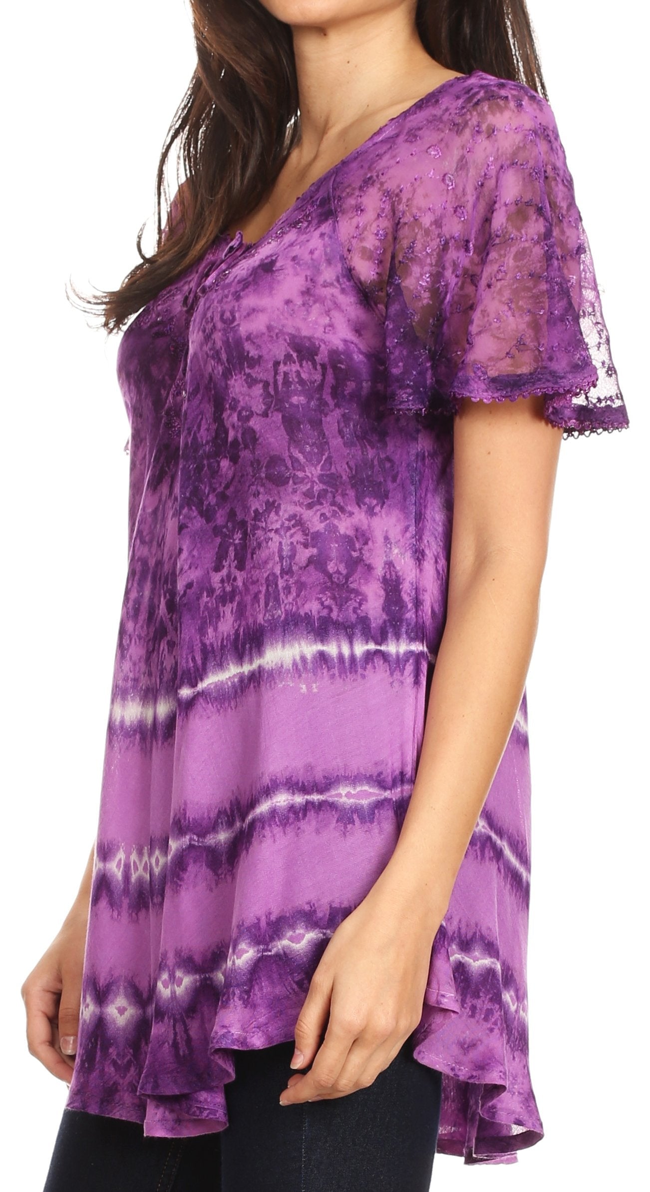 Sakkas - Allegra Short Sleeve Loose Fit Casual Tie Dye Blouse Tunic Shirt