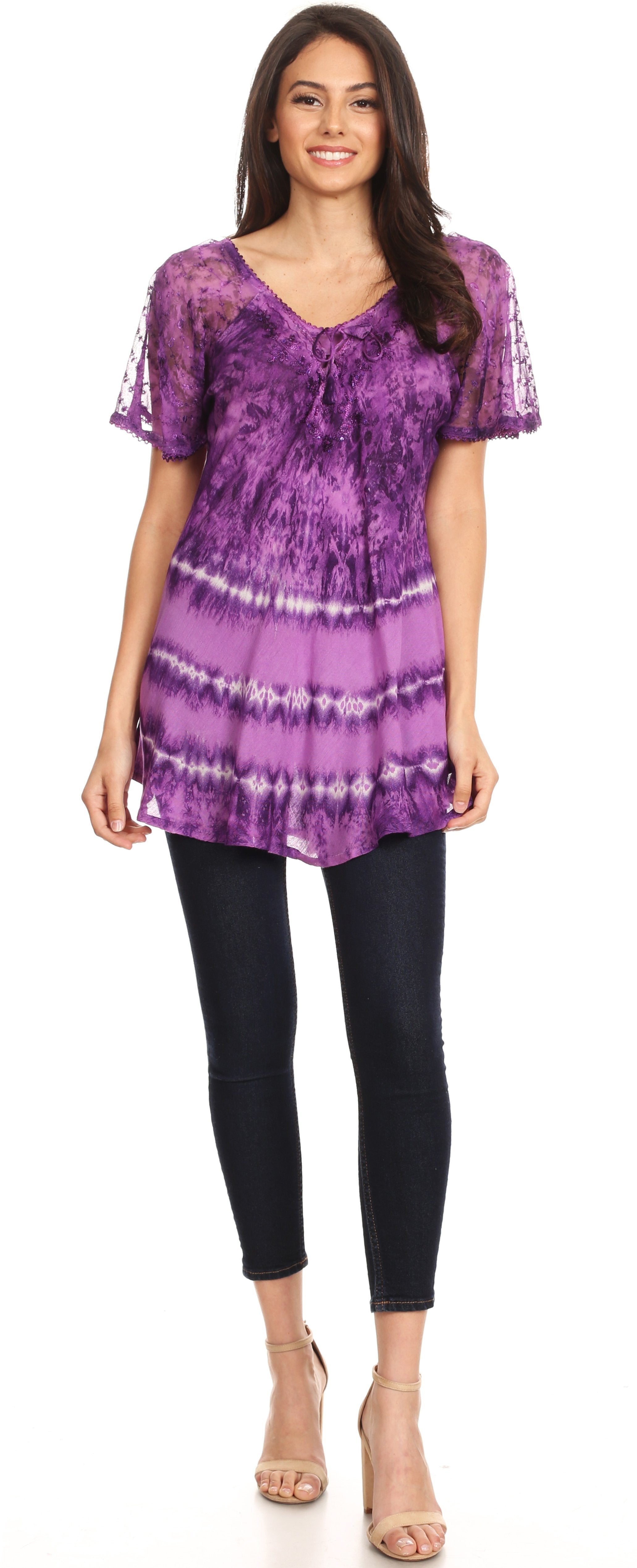 Sakkas - Allegra Short Sleeve Loose Fit Casual Tie Dye Blouse Tunic Shirt