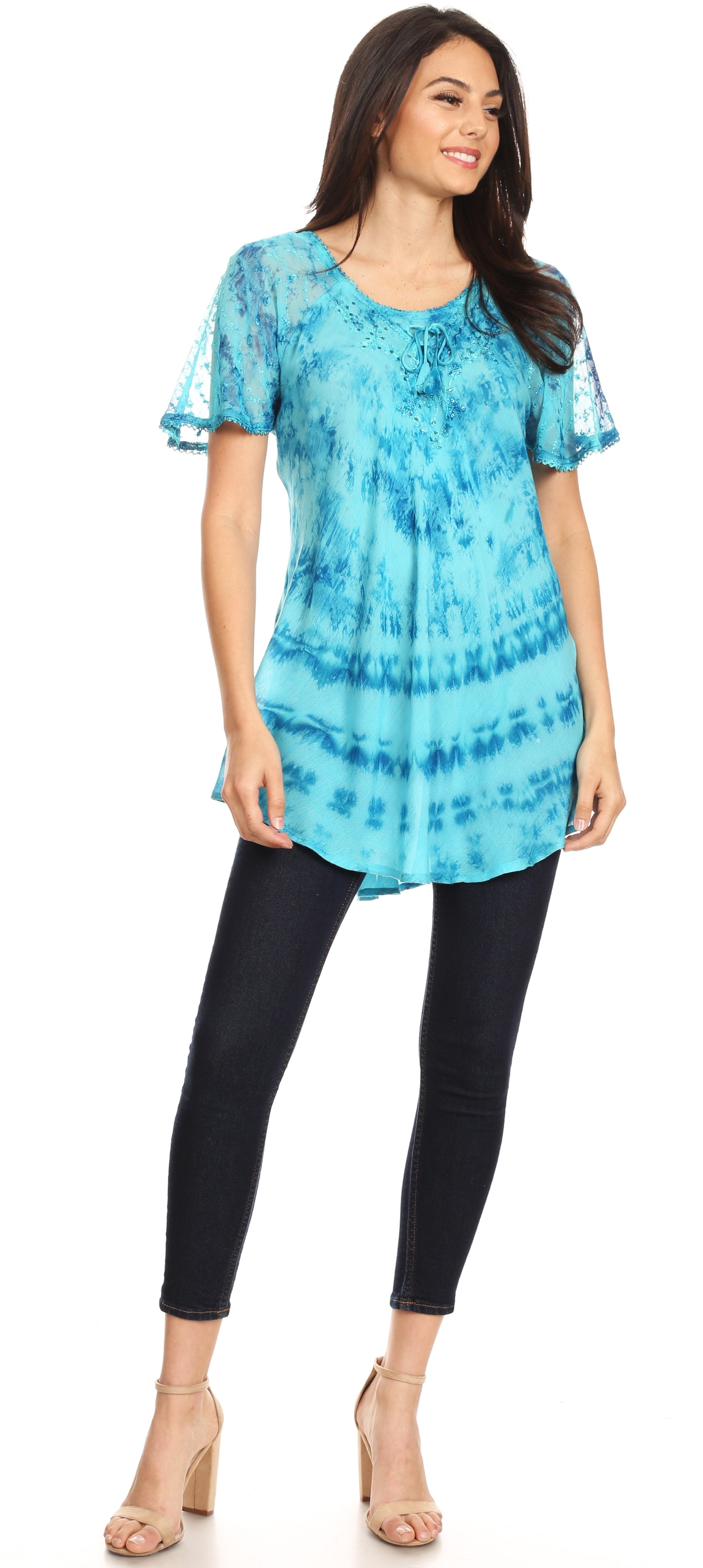 Sakkas - Allegra Short Sleeve Loose Fit Casual Tie Dye Blouse Tunic Shirt