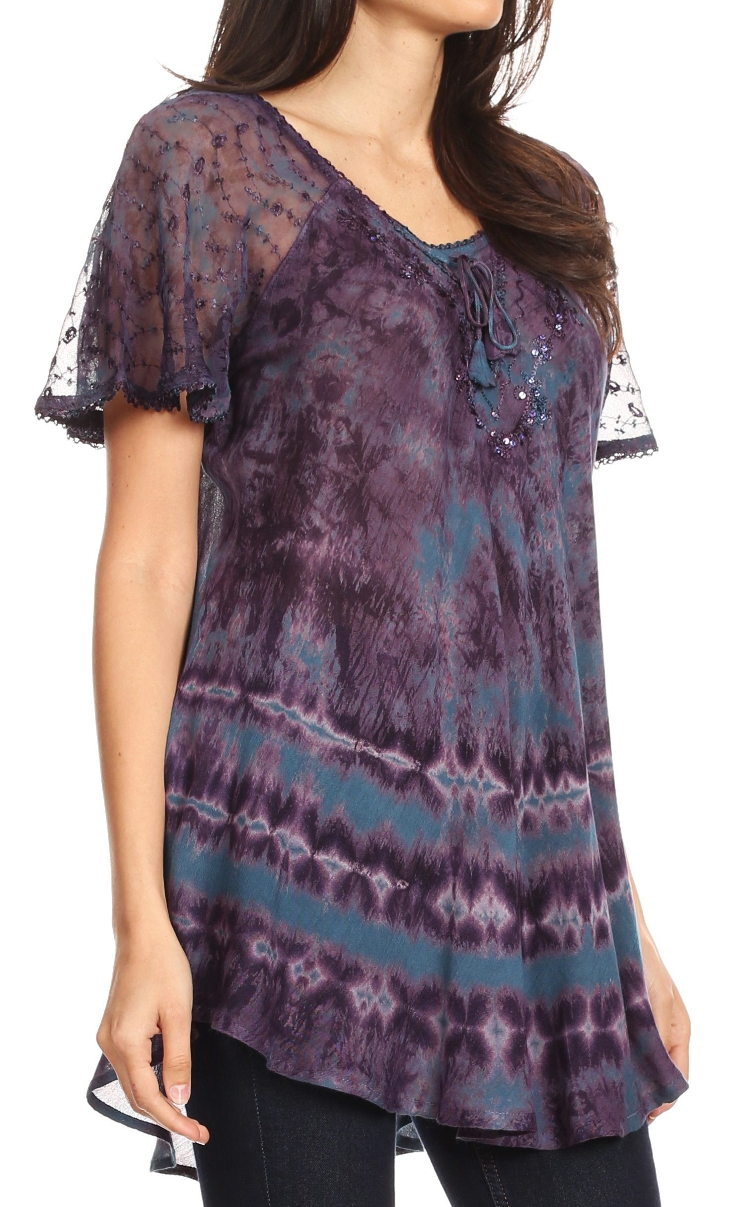 Sakkas - Allegra Short Sleeve Loose Fit Casual Tie Dye Blouse Tunic Shirt