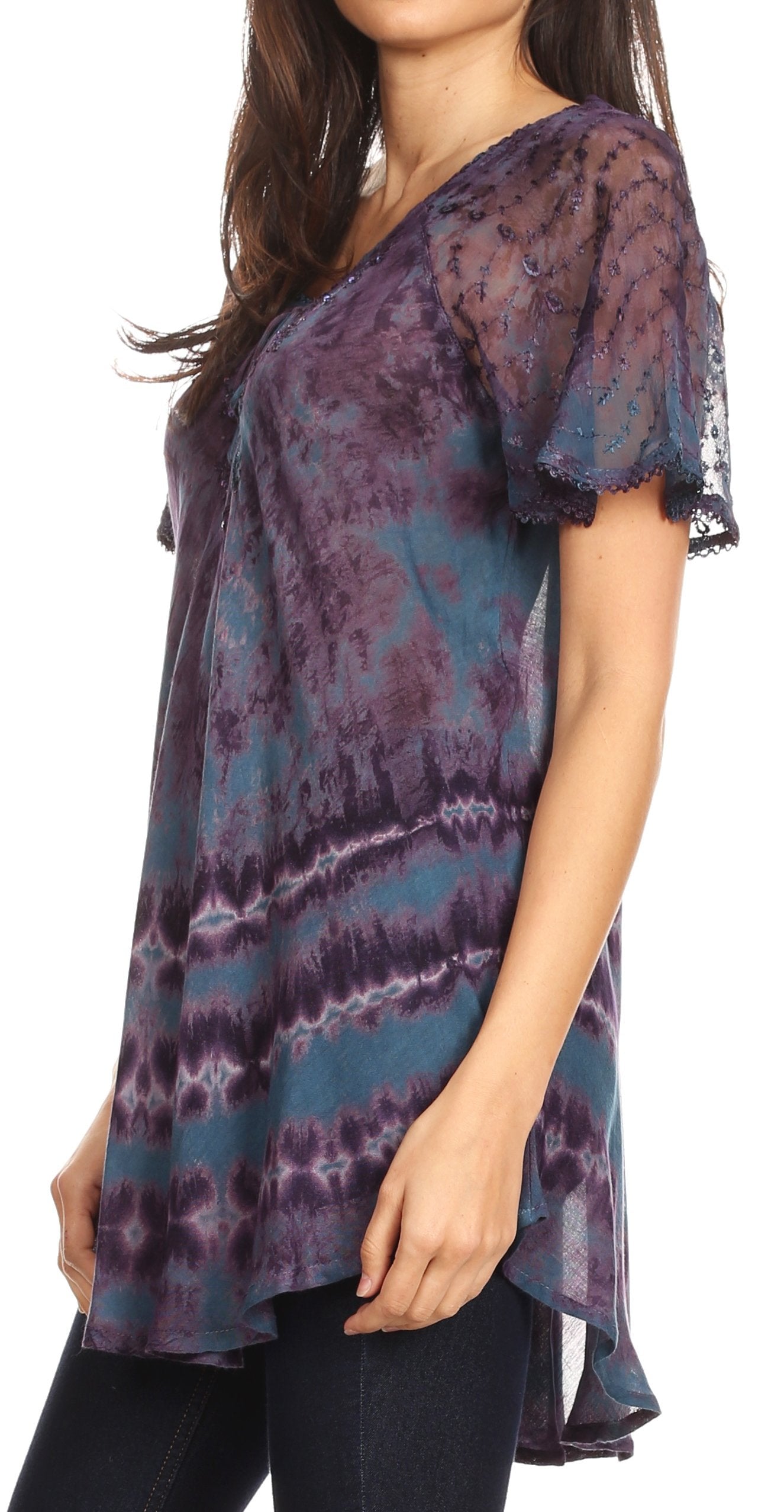 Sakkas - Allegra Short Sleeve Loose Fit Casual Tie Dye Blouse Tunic Shirt