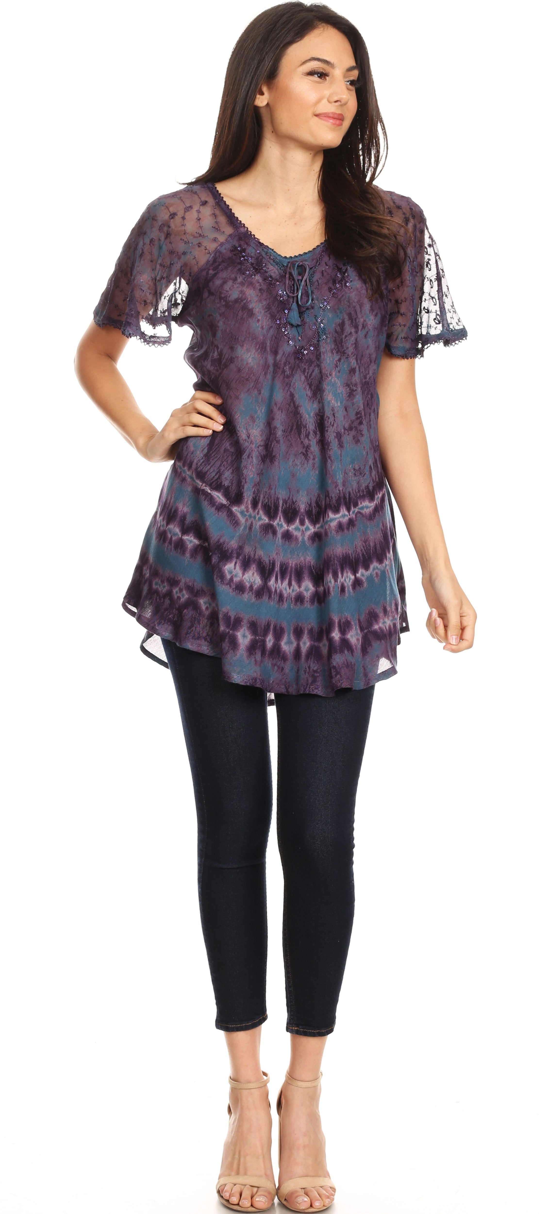 Sakkas - Allegra Short Sleeve Loose Fit Casual Tie Dye Blouse Tunic Shirt
