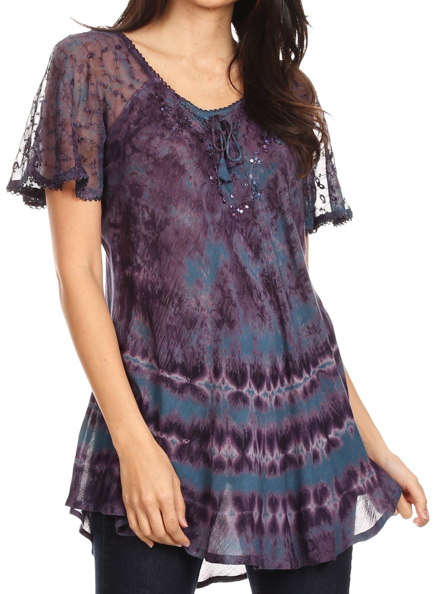 Sakkas - Allegra Short Sleeve Loose Fit Casual Tie Dye Blouse Tunic Shirt