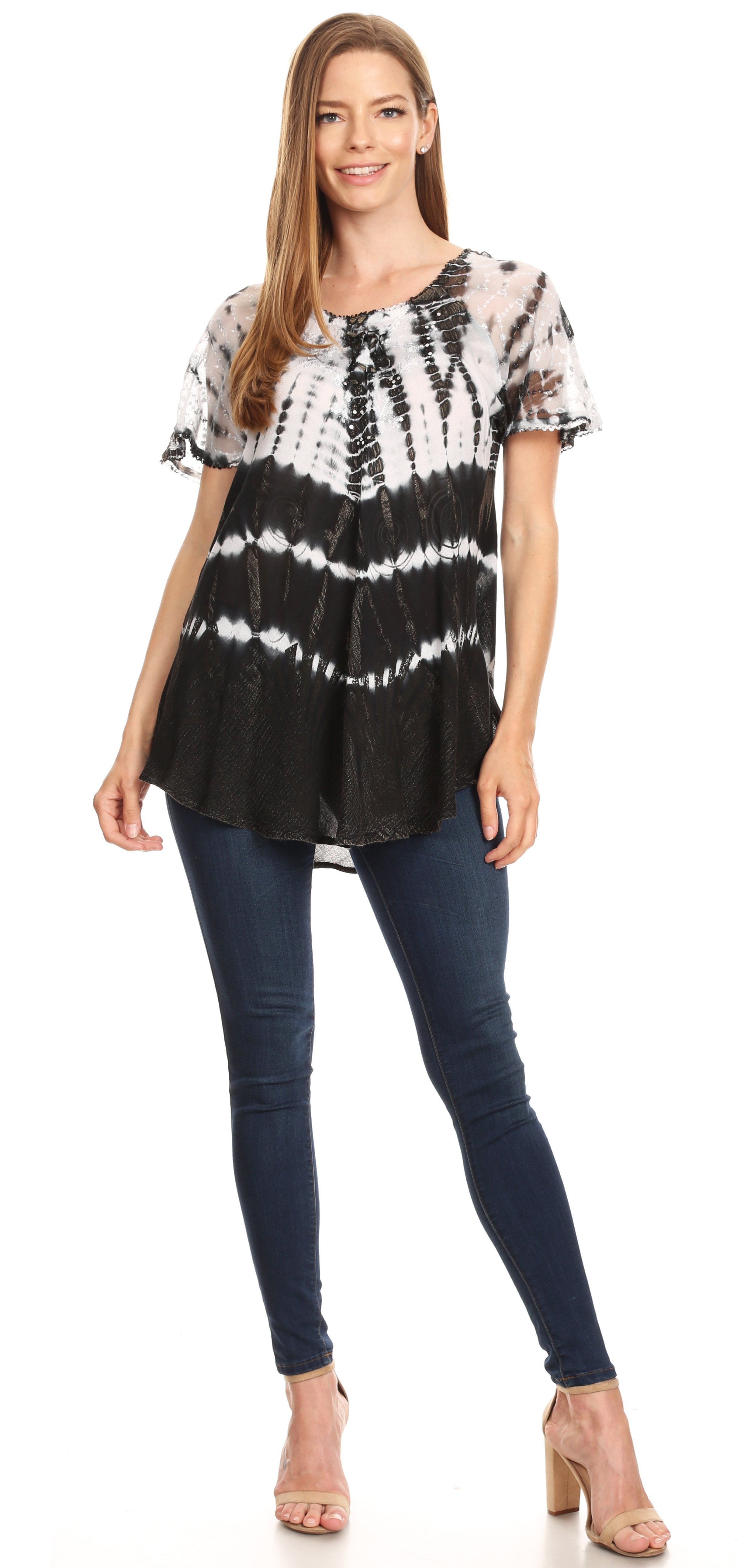 Sakkas - Allegra Short Sleeve Loose Fit Casual Tie Dye Blouse Tunic Shirt