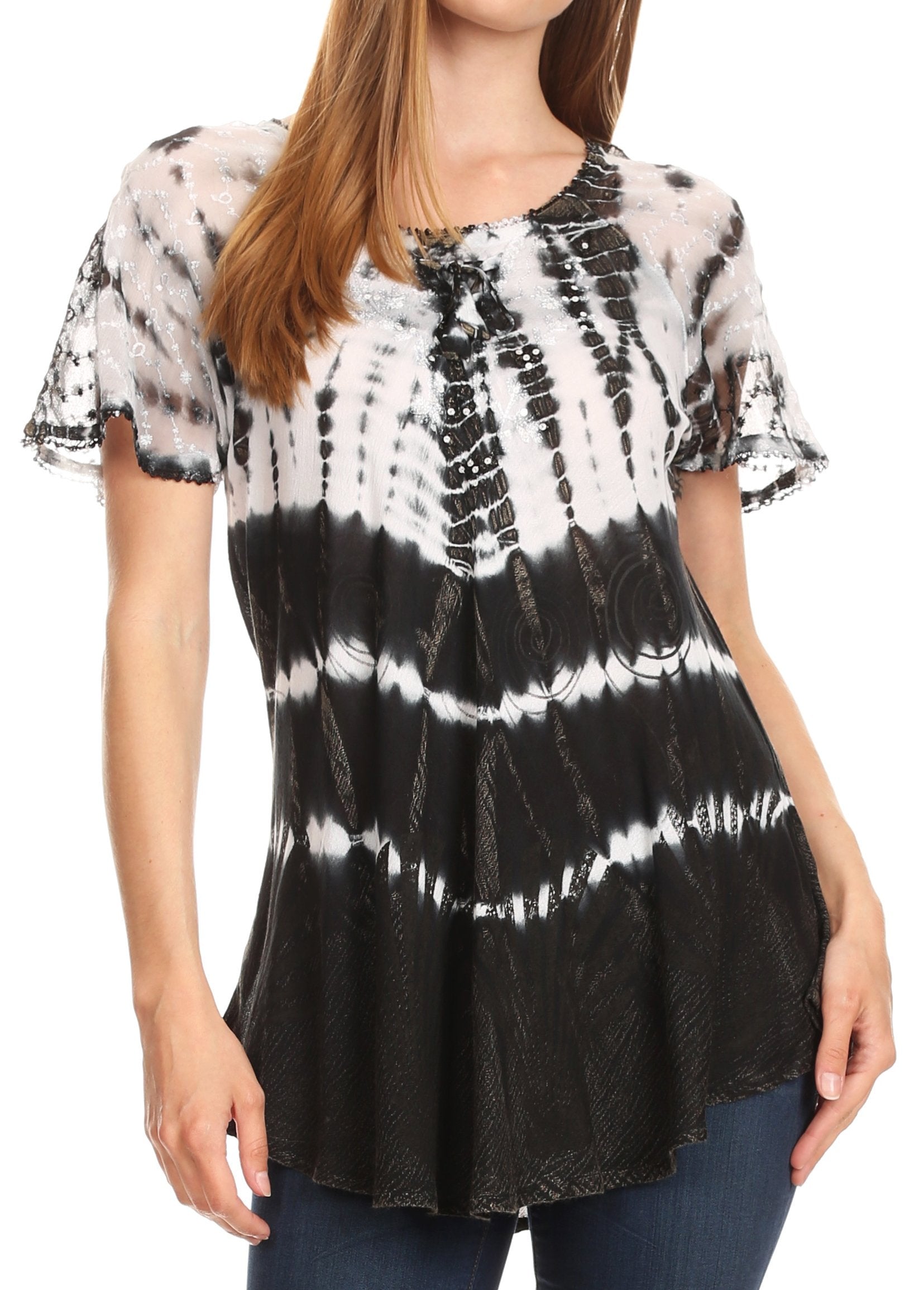 Sakkas - Allegra Short Sleeve Loose Fit Casual Tie Dye Blouse Tunic Shirt