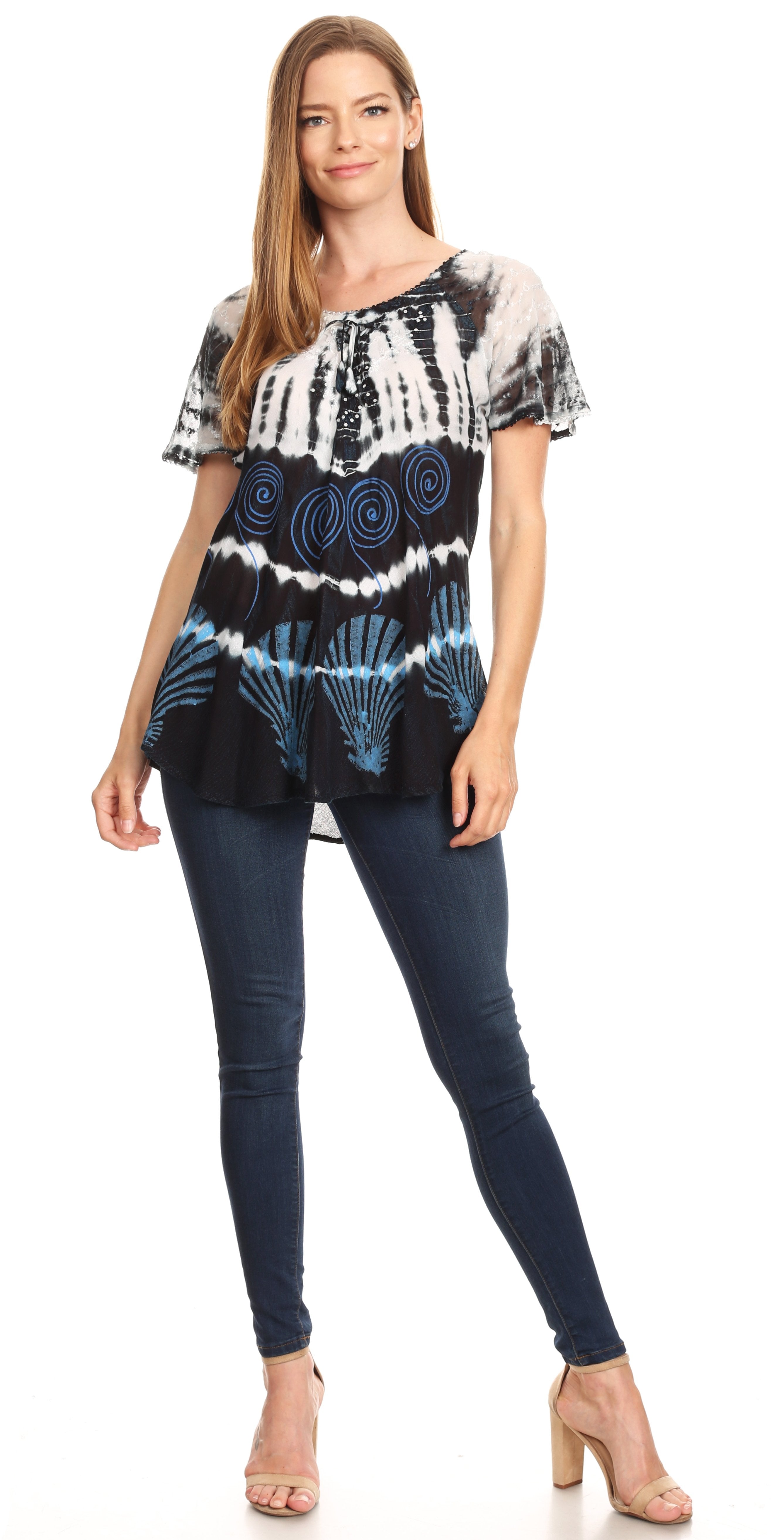 Sakkas - Allegra Short Sleeve Loose Fit Casual Tie Dye Blouse Tunic Shirt