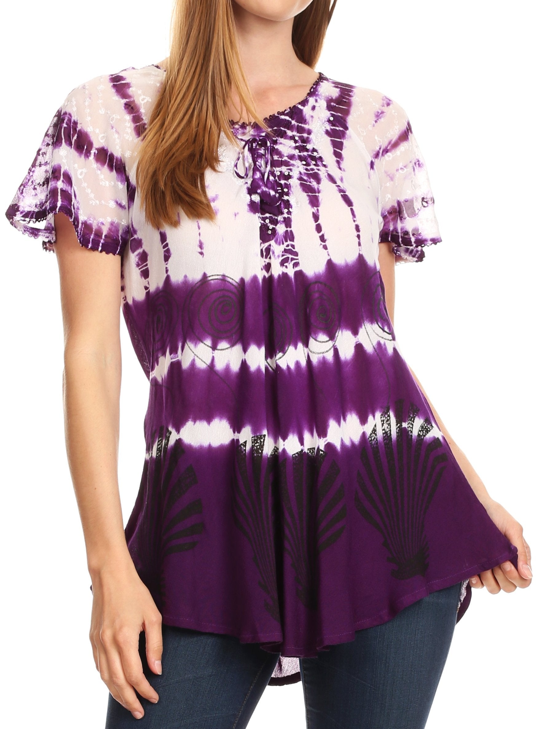 Sakkas - Allegra Short Sleeve Loose Fit Casual Tie Dye Blouse Tunic Shirt