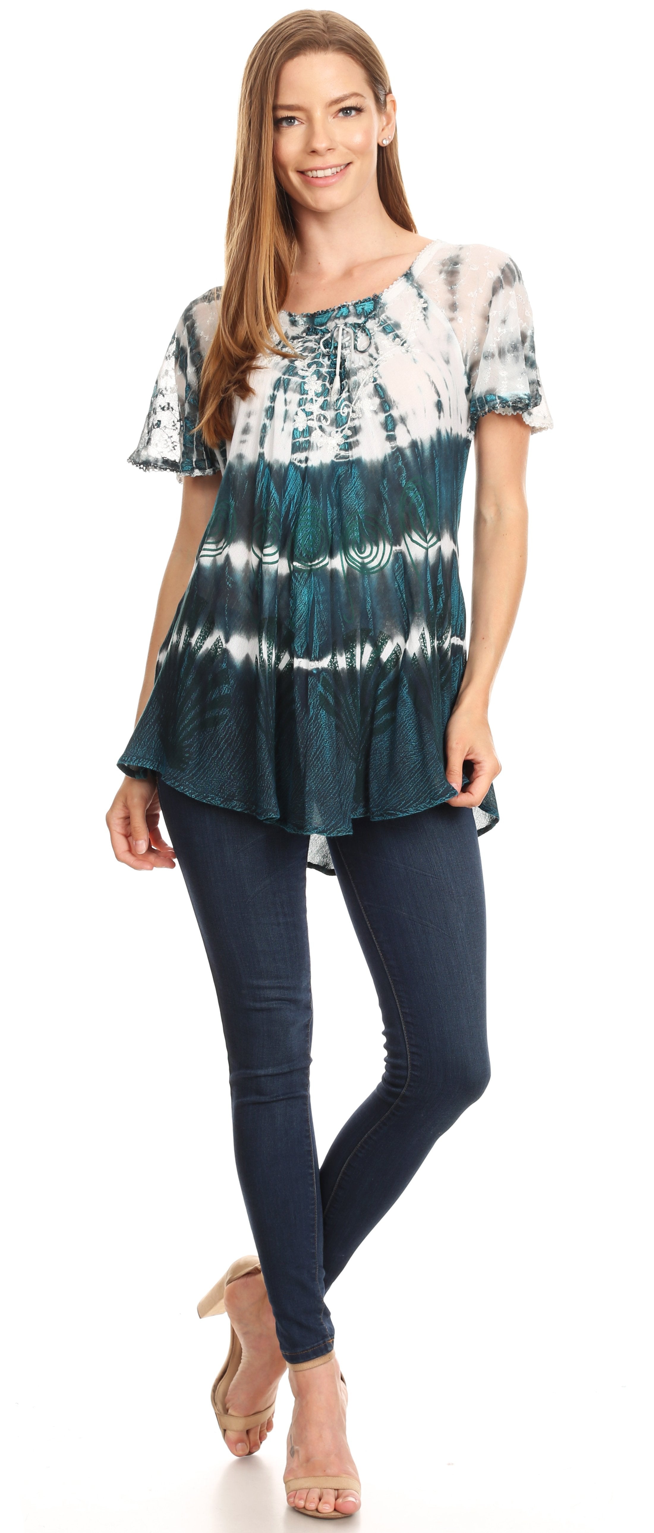 Sakkas - Allegra Short Sleeve Loose Fit Casual Tie Dye Blouse Tunic Shirt