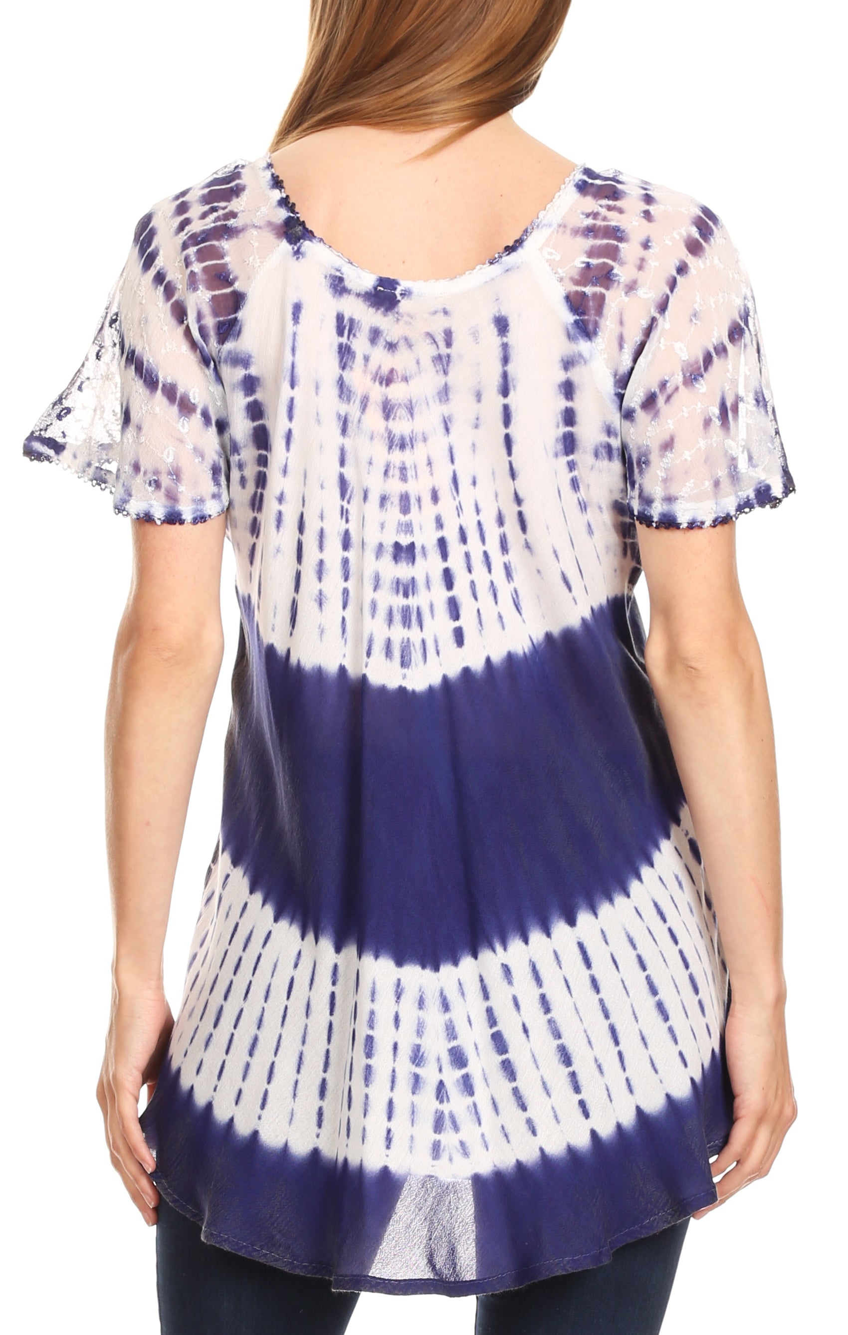 Tie-dye shirt with blue and white pattern on a plain background