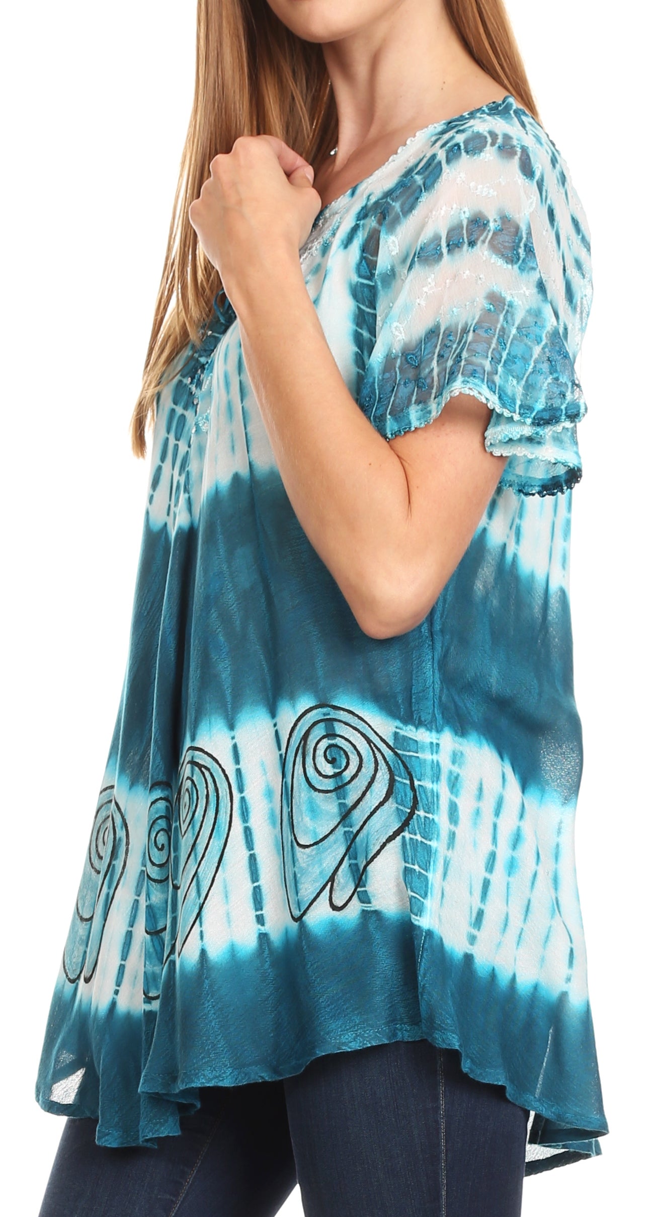 Woman wearing a blue tie-dye shirt with a spiral design on a white background