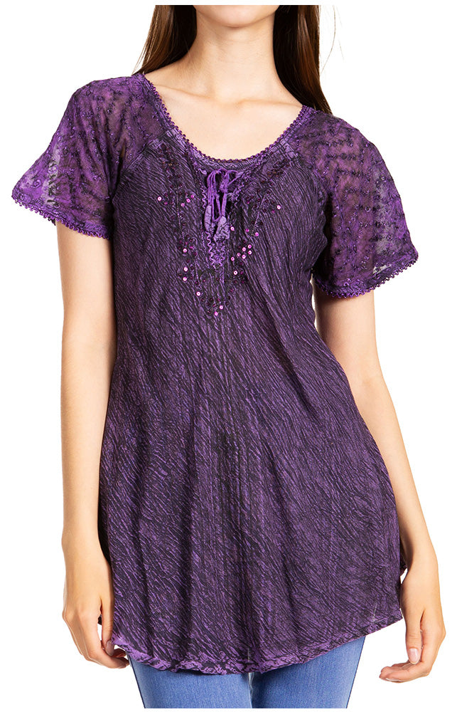 Purple lace top worn by a model on a white background