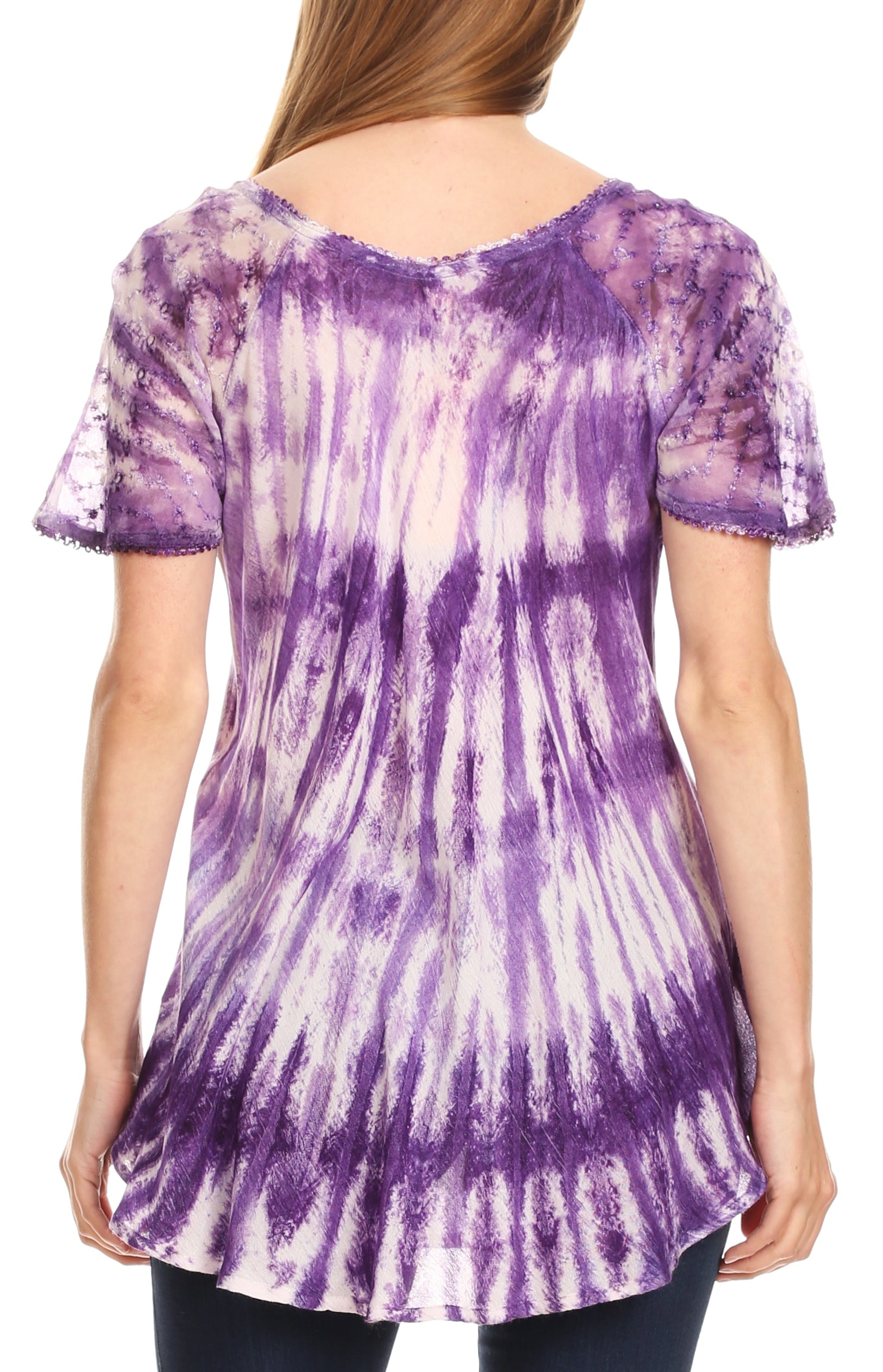 Purple and white tie-dye tunic worn by a person
