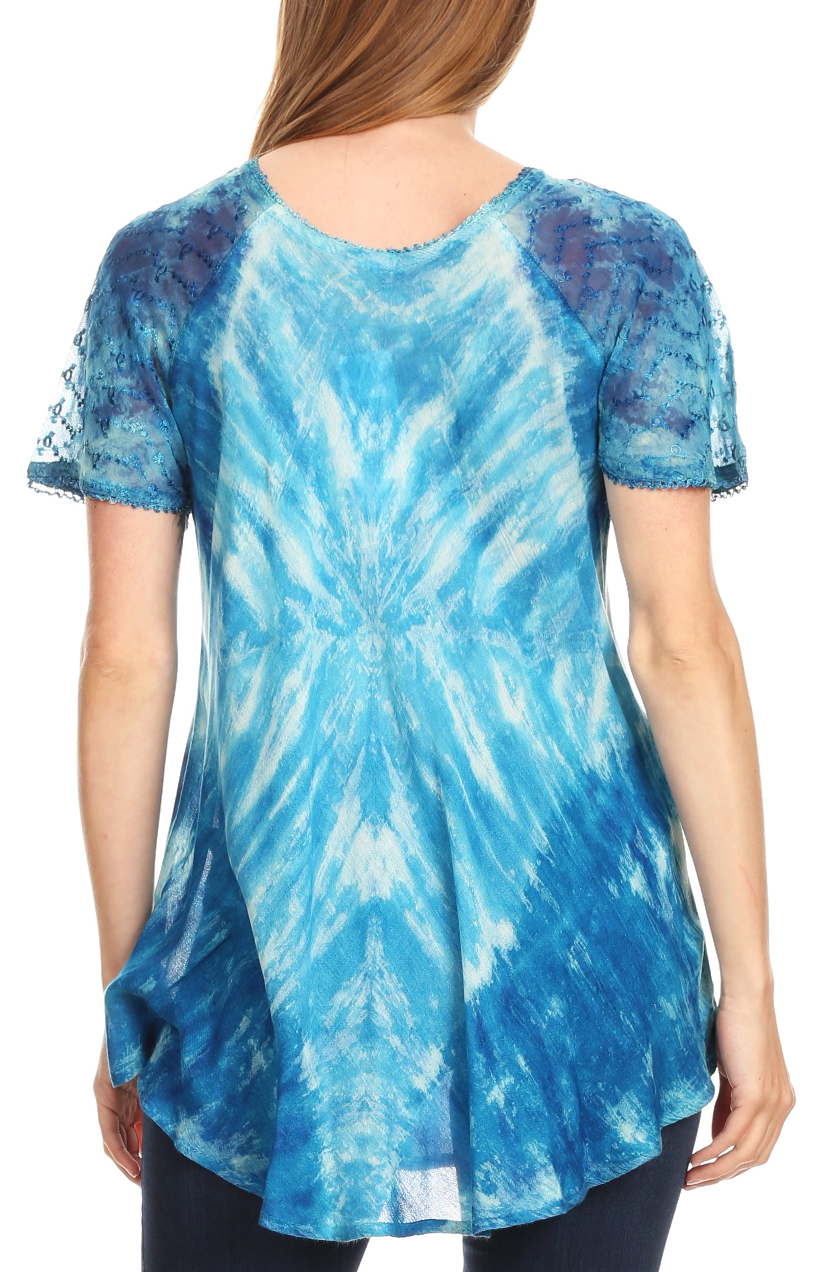 Blue tie-dye t-shirt worn by a person on a white background