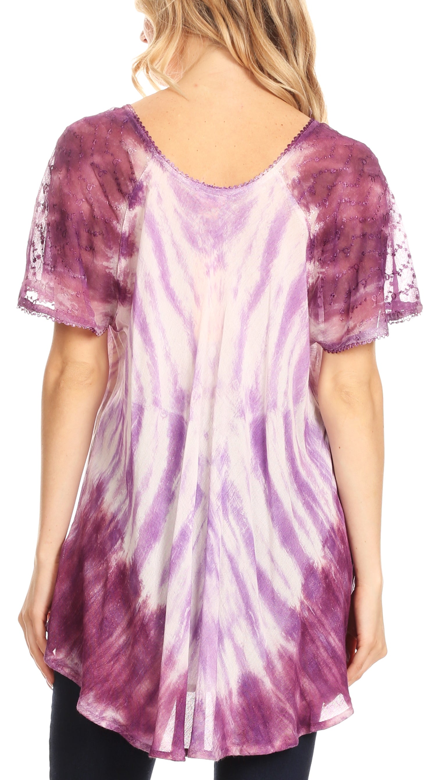Purple and white tie-dye shirt worn by a person on a white background
