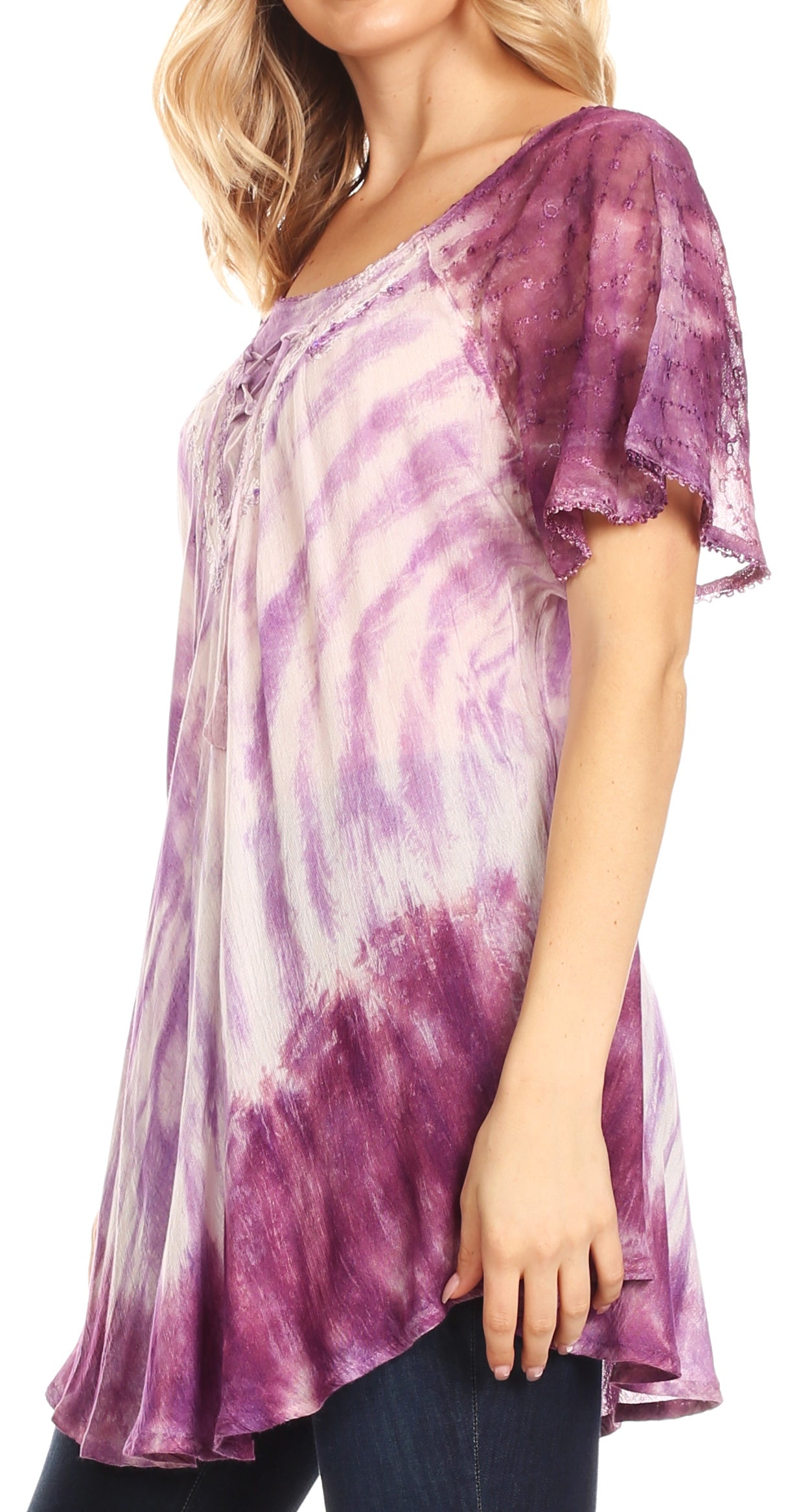 Purple and white tie-dye shirt worn by a person on a white background