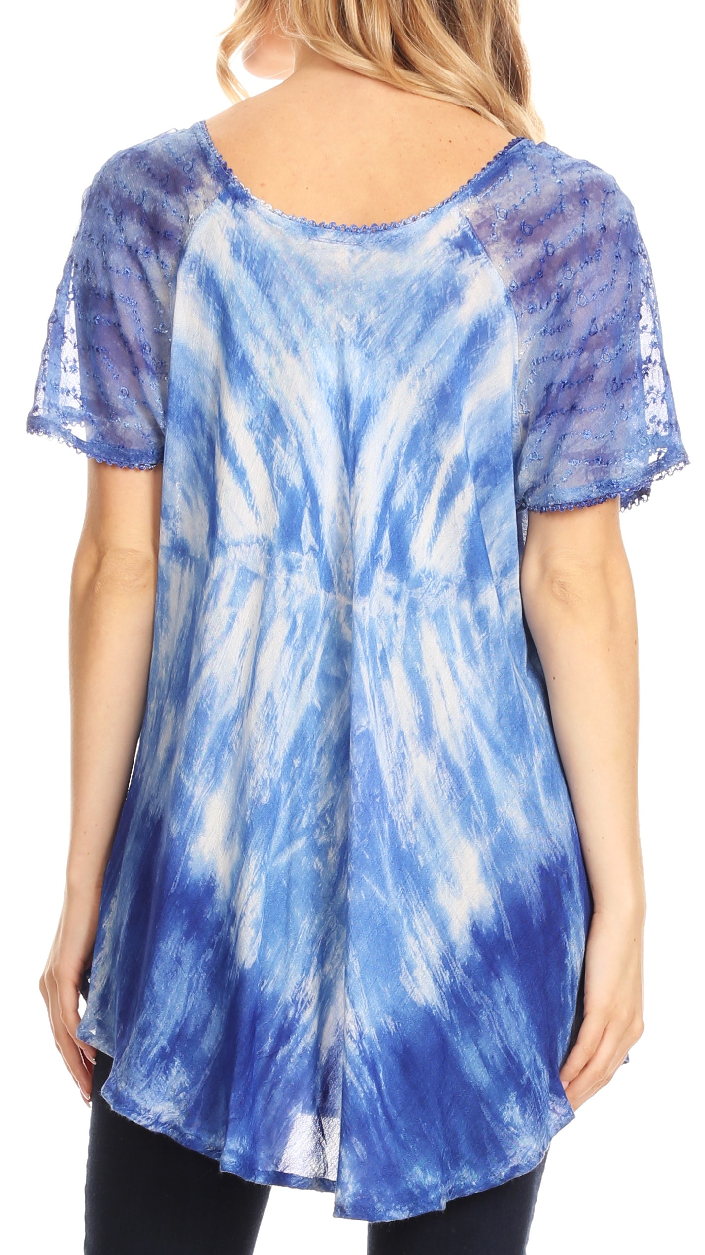 Blue and white tie-dye shirt worn by a person on a white background