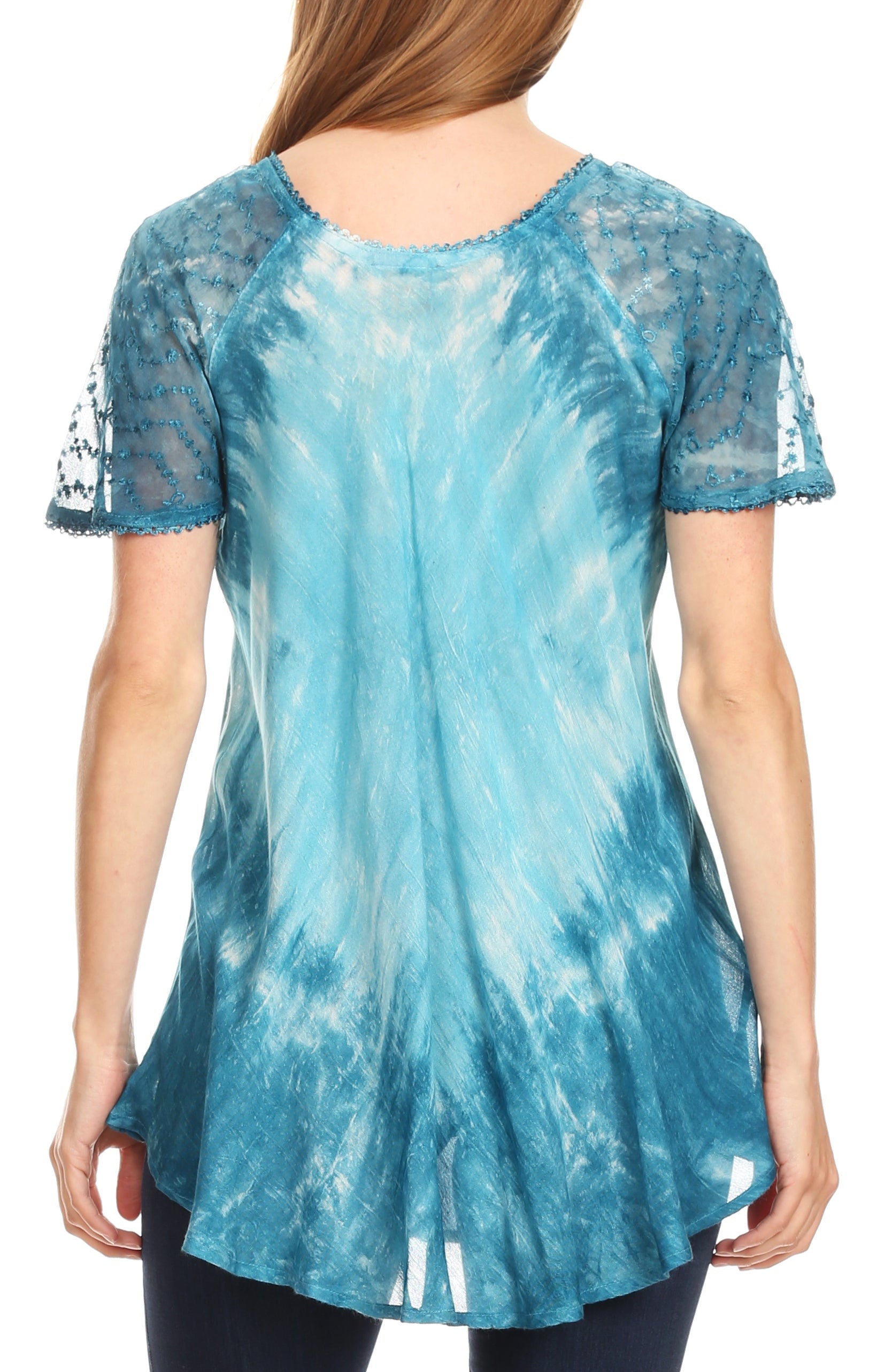 Blue tie-dye t-shirt with sheer sleeves worn by a person on a white background