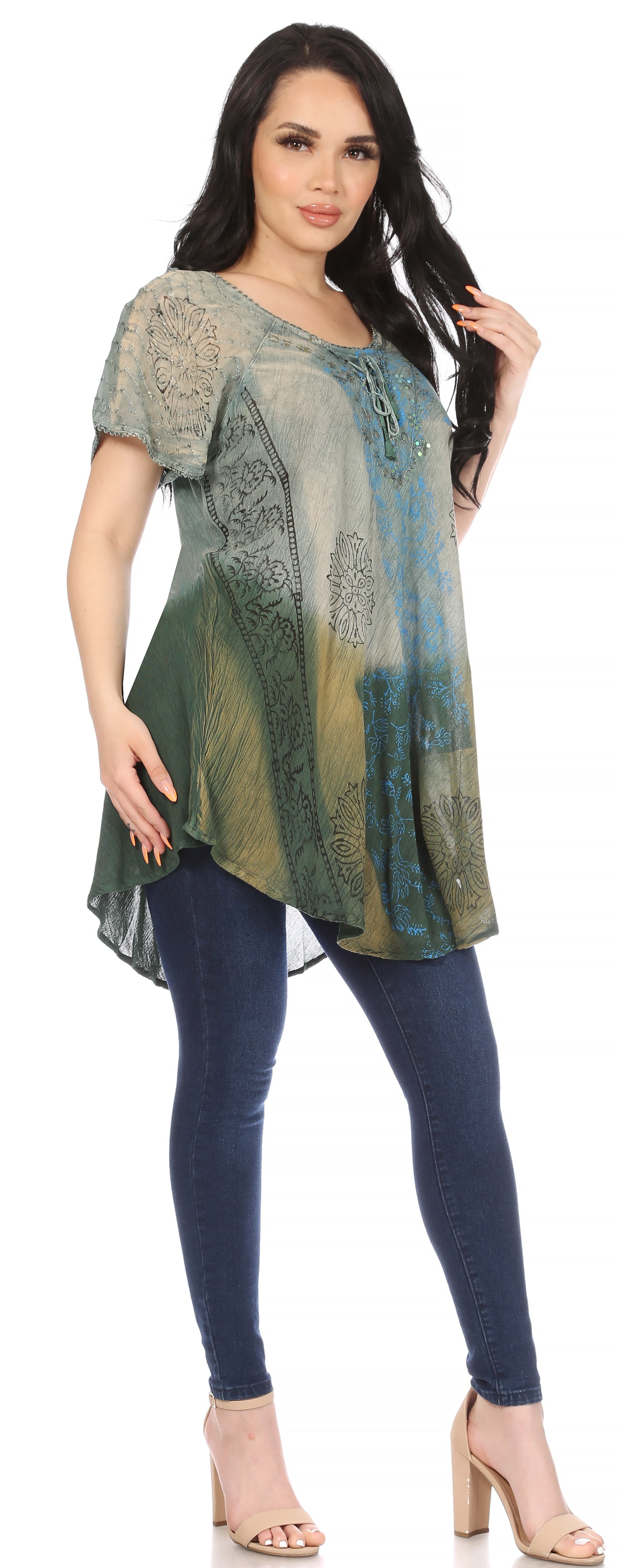 Sakkas - Marzia Loose Fit Short Sleeve Casual Tie Dye Batik Top