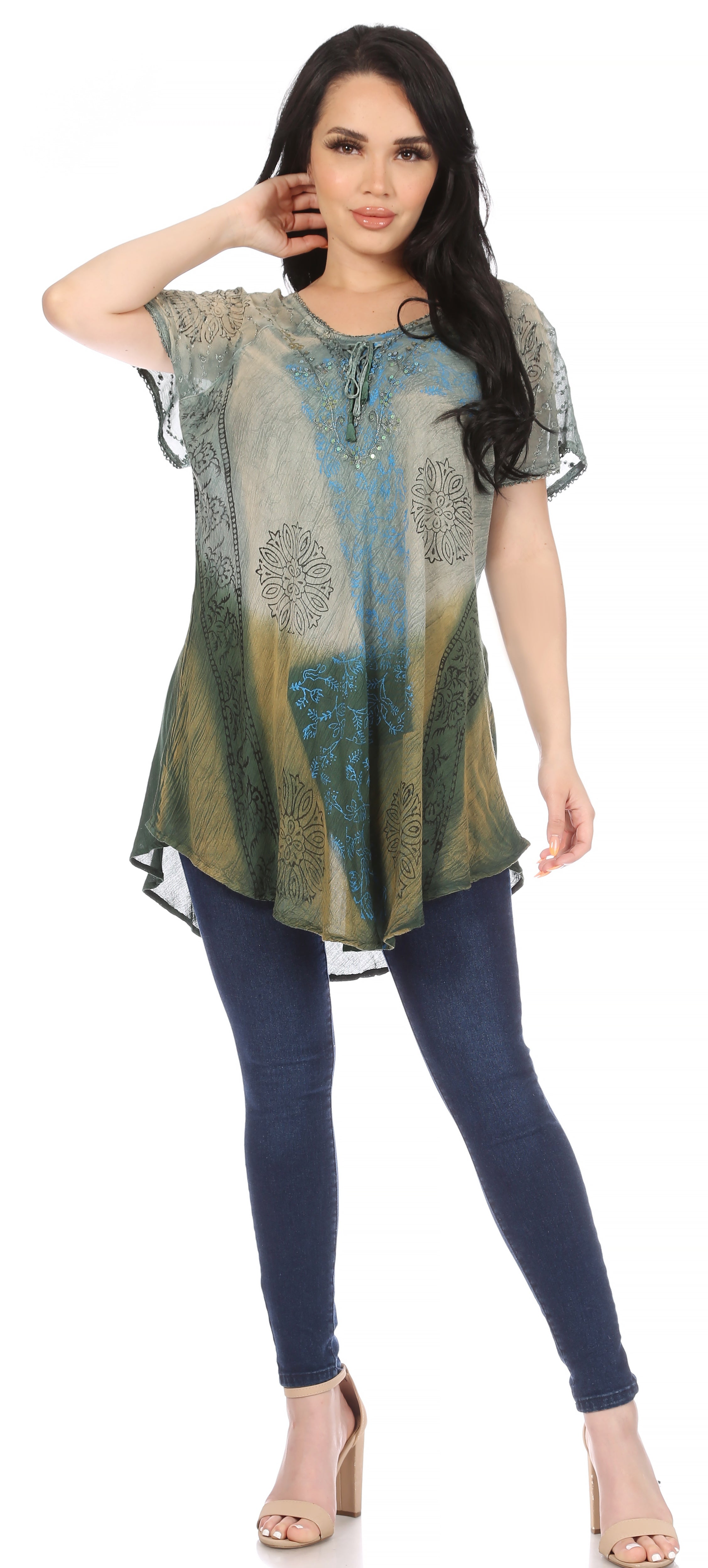Sakkas - Marzia Loose Fit Short Sleeve Casual Tie Dye Batik Top