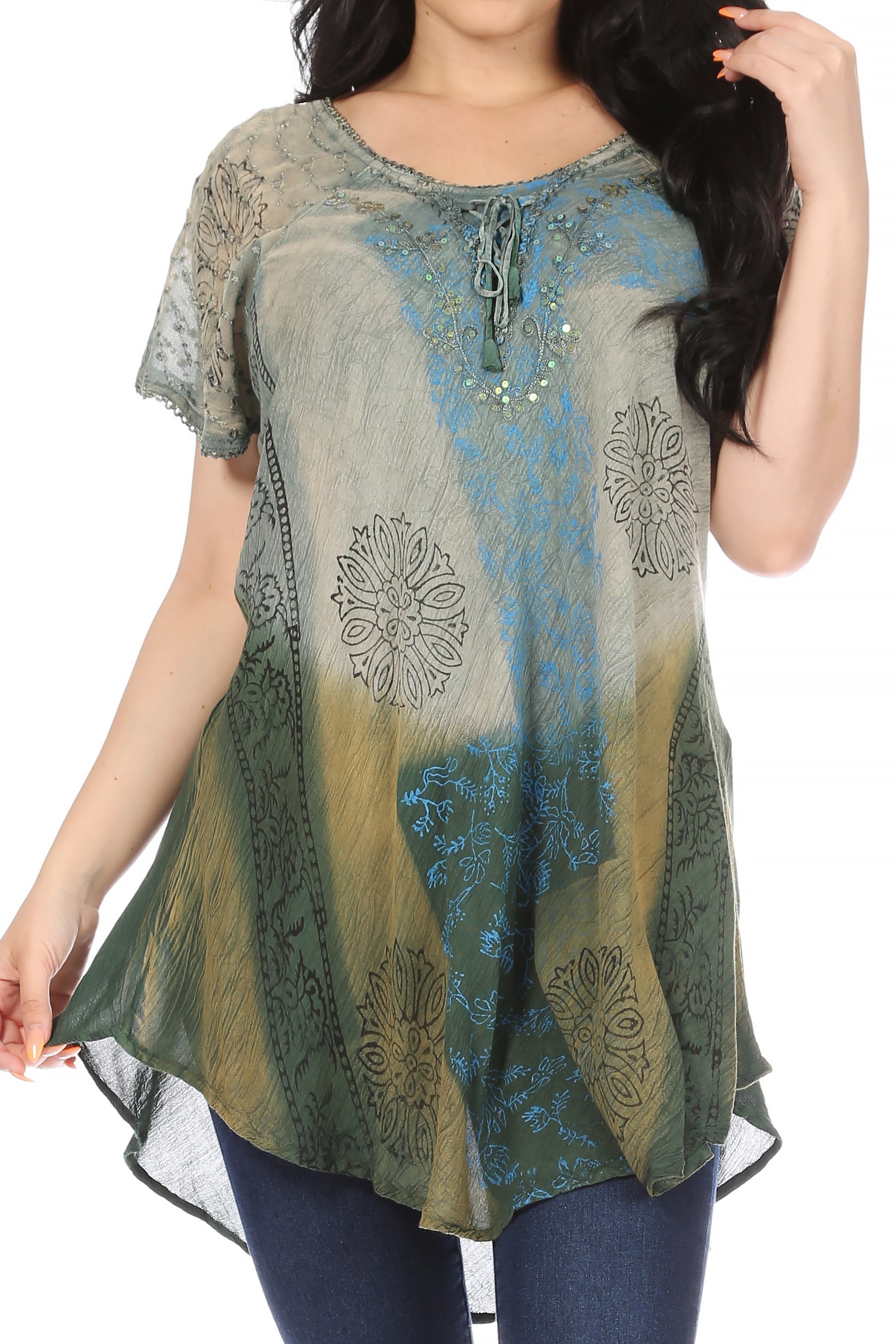 Sakkas - Marzia Loose Fit Short Sleeve Casual Tie Dye Batik Top