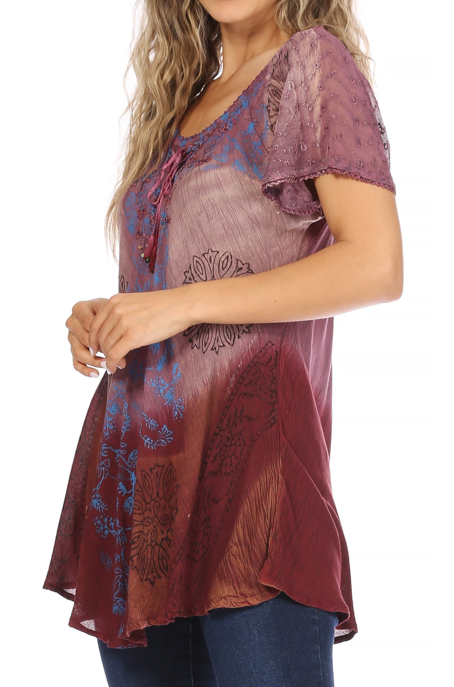 Sakkas - Marzia Loose Fit Short Sleeve Casual Tie Dye Batik Top