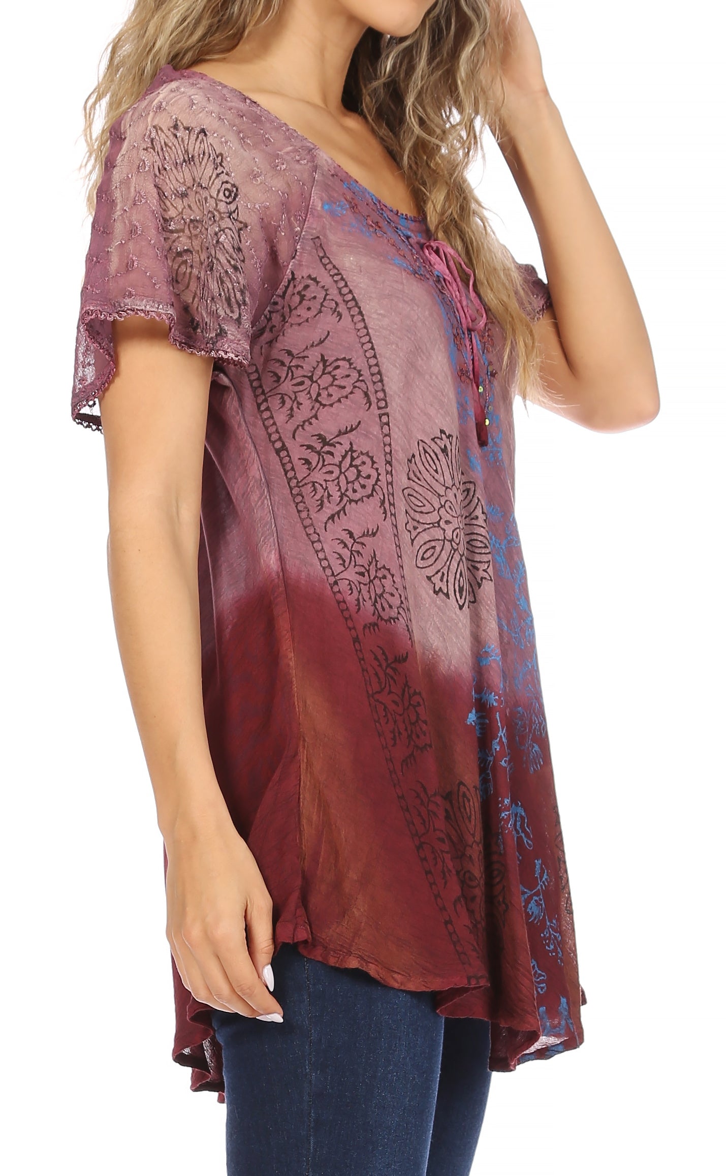Sakkas - Marzia Loose Fit Short Sleeve Casual Tie Dye Batik Top