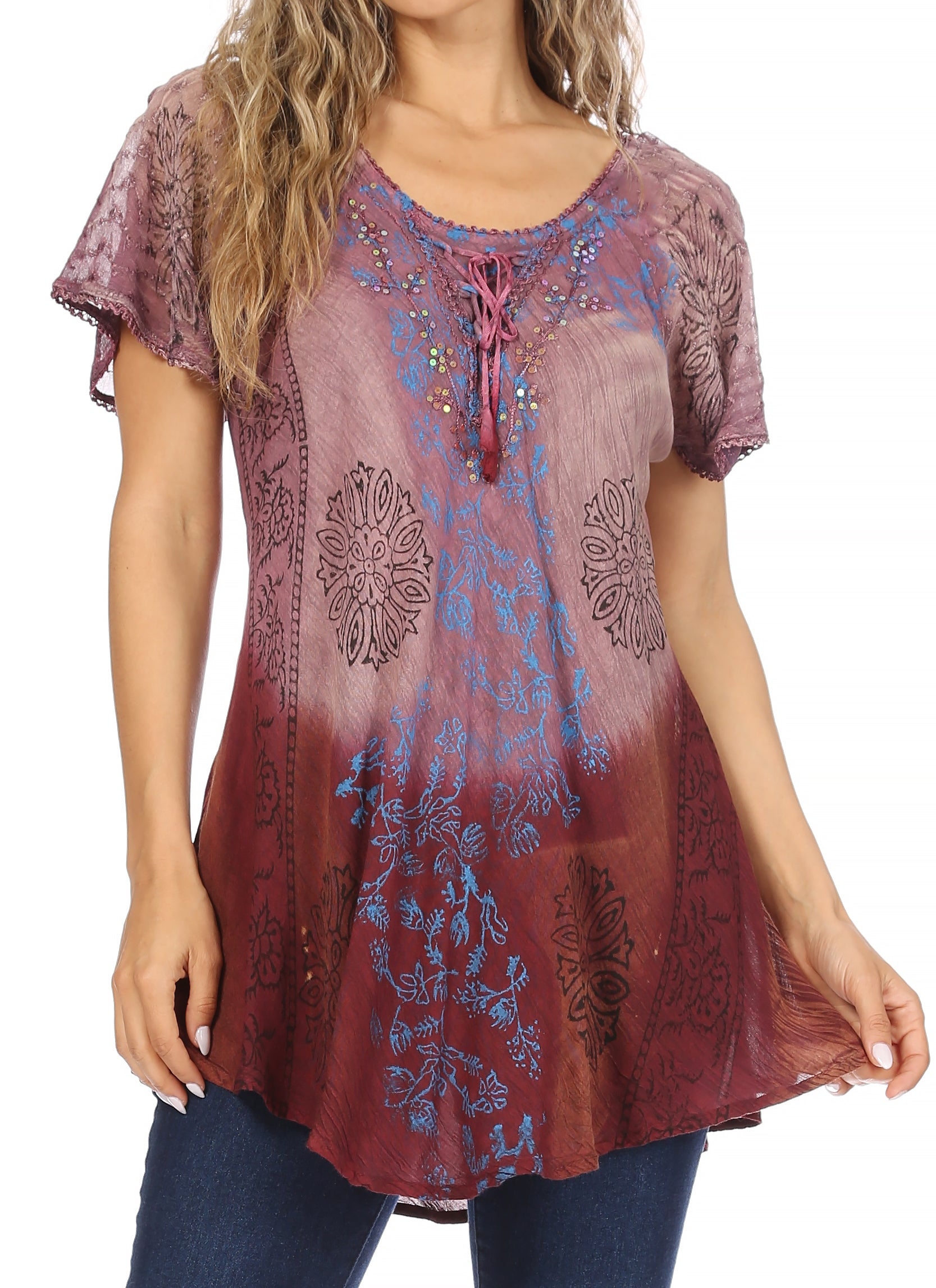 Sakkas - Marzia Loose Fit Short Sleeve Casual Tie Dye Batik Top