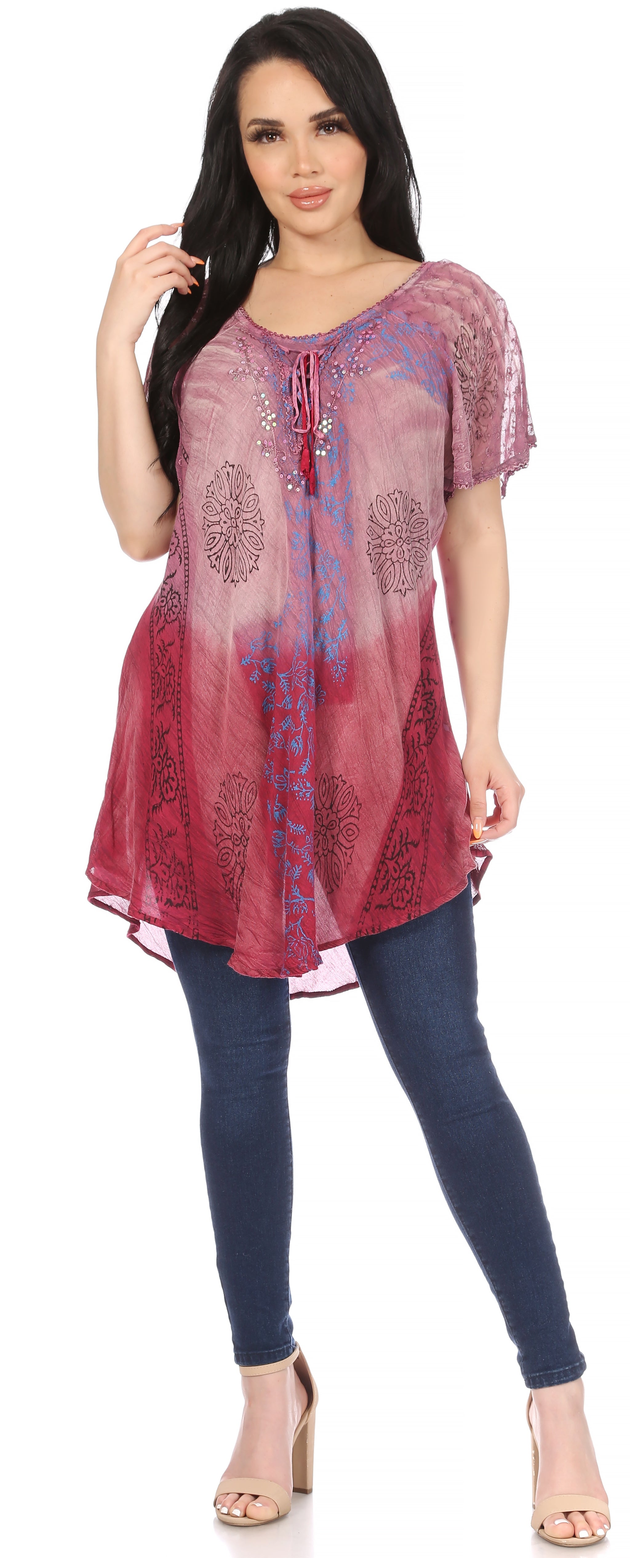 Sakkas - Marzia Loose Fit Short Sleeve Casual Tie Dye Batik Top