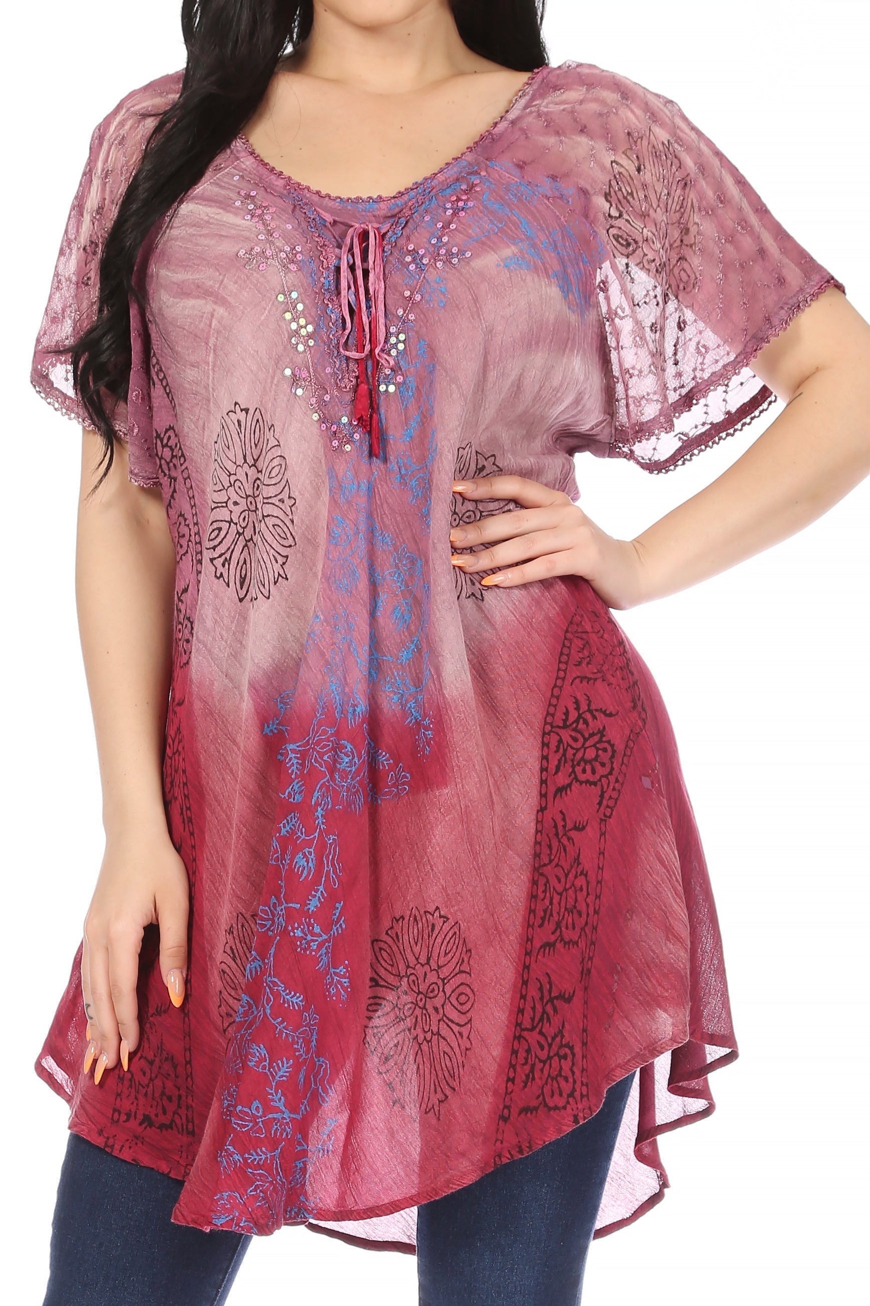 Sakkas - Marzia Loose Fit Short Sleeve Casual Tie Dye Batik Top