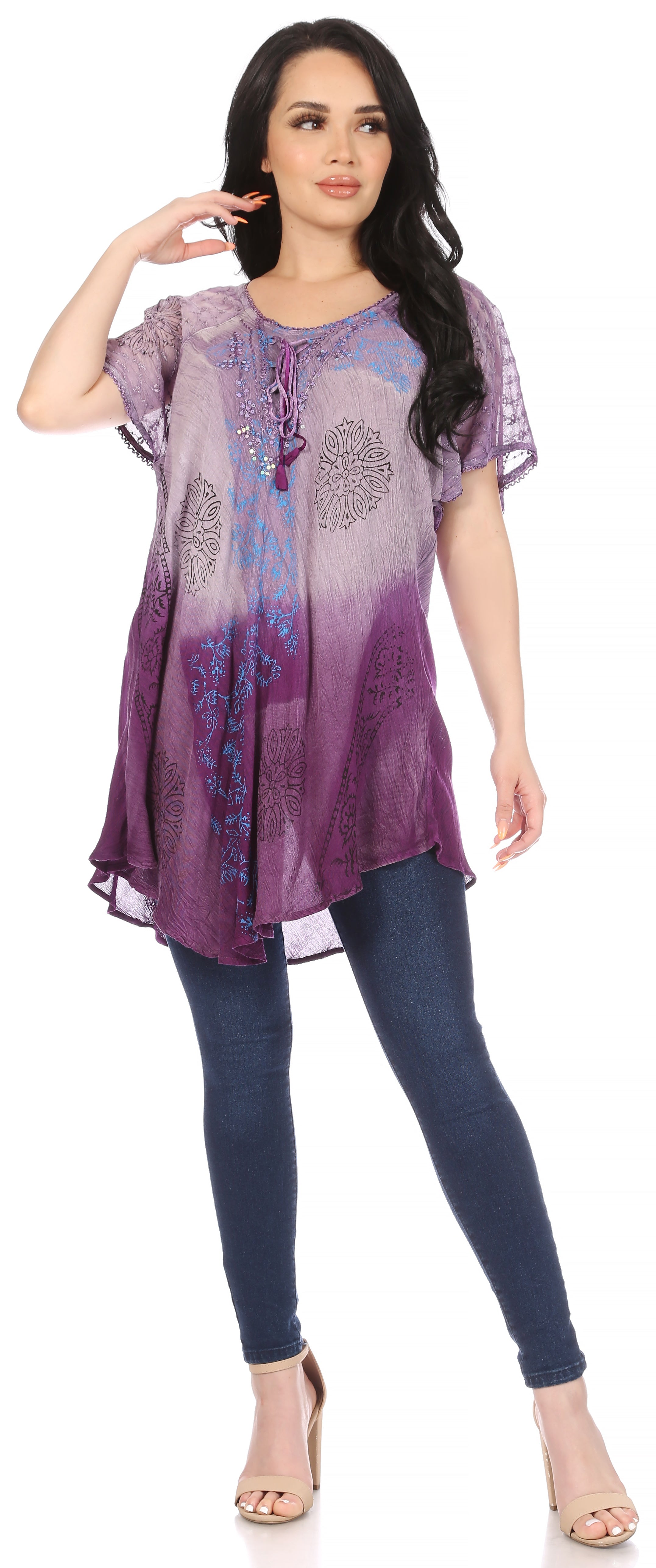 Sakkas - Marzia Loose Fit Short Sleeve Casual Tie Dye Batik Top