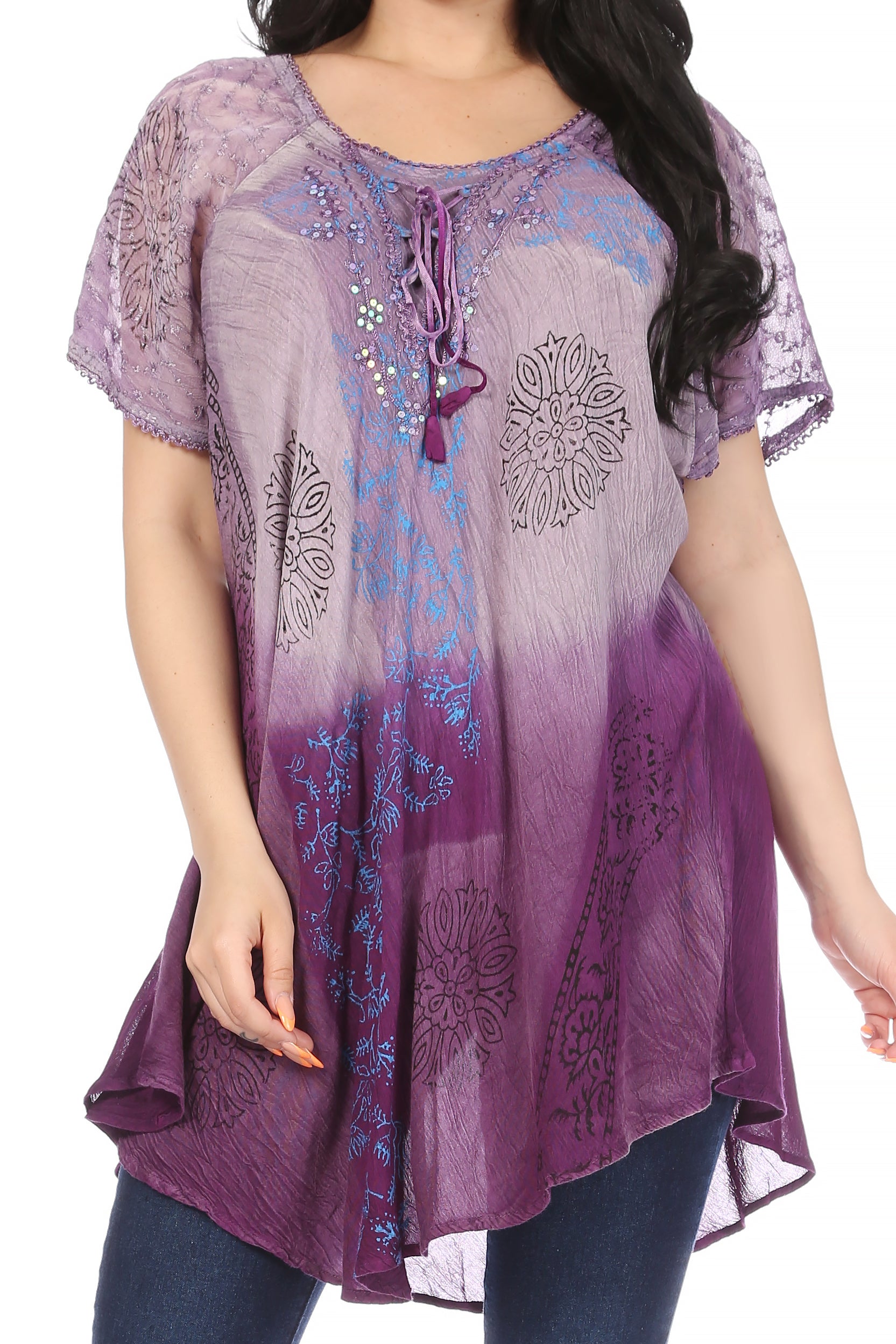 Sakkas - Marzia Loose Fit Short Sleeve Casual Tie Dye Batik Top