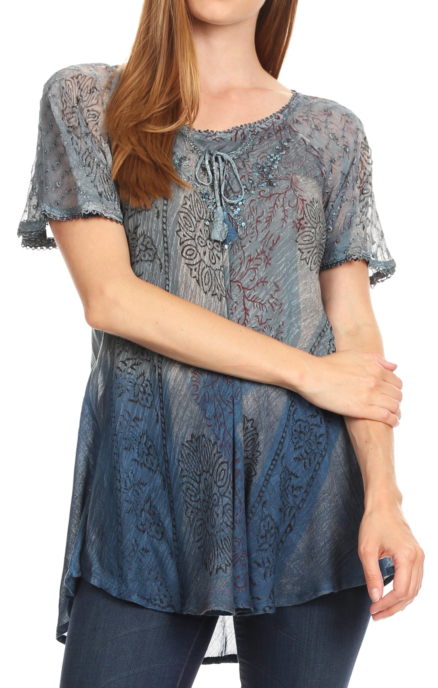 Sakkas - Marzia Loose Fit Short Sleeve Casual Tie Dye Batik Top