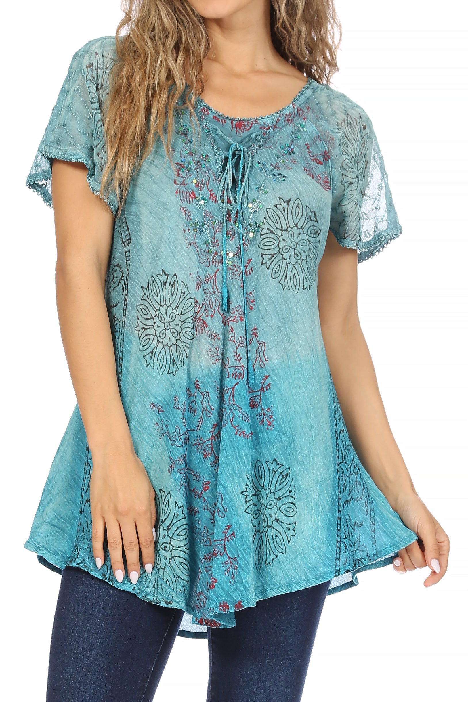 Sakkas - Marzia Loose Fit Short Sleeve Casual Tie Dye Batik Top