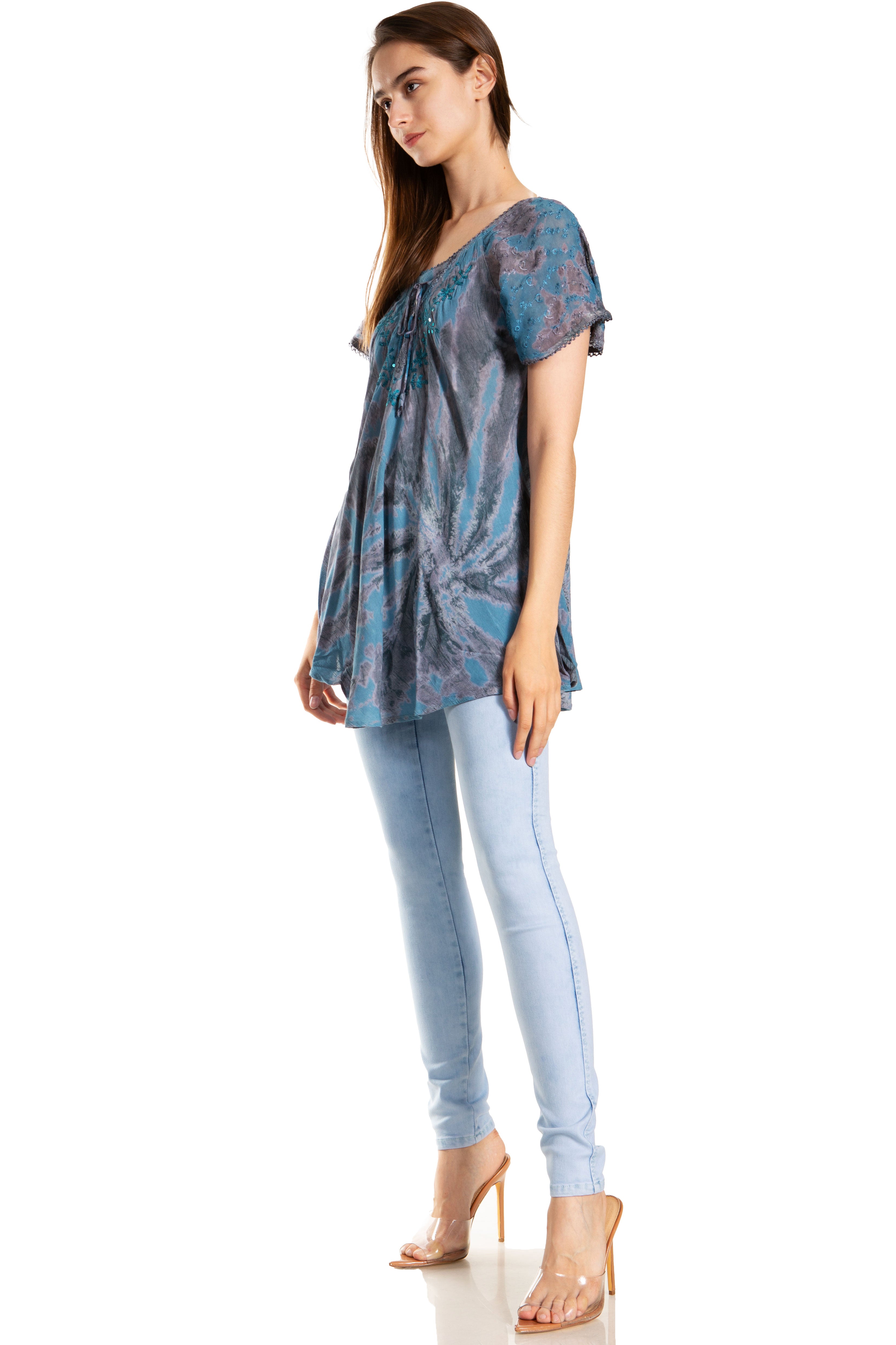 Sakkas - Marzia Loose Fit Short Sleeve Casual Tie Dye Batik Top