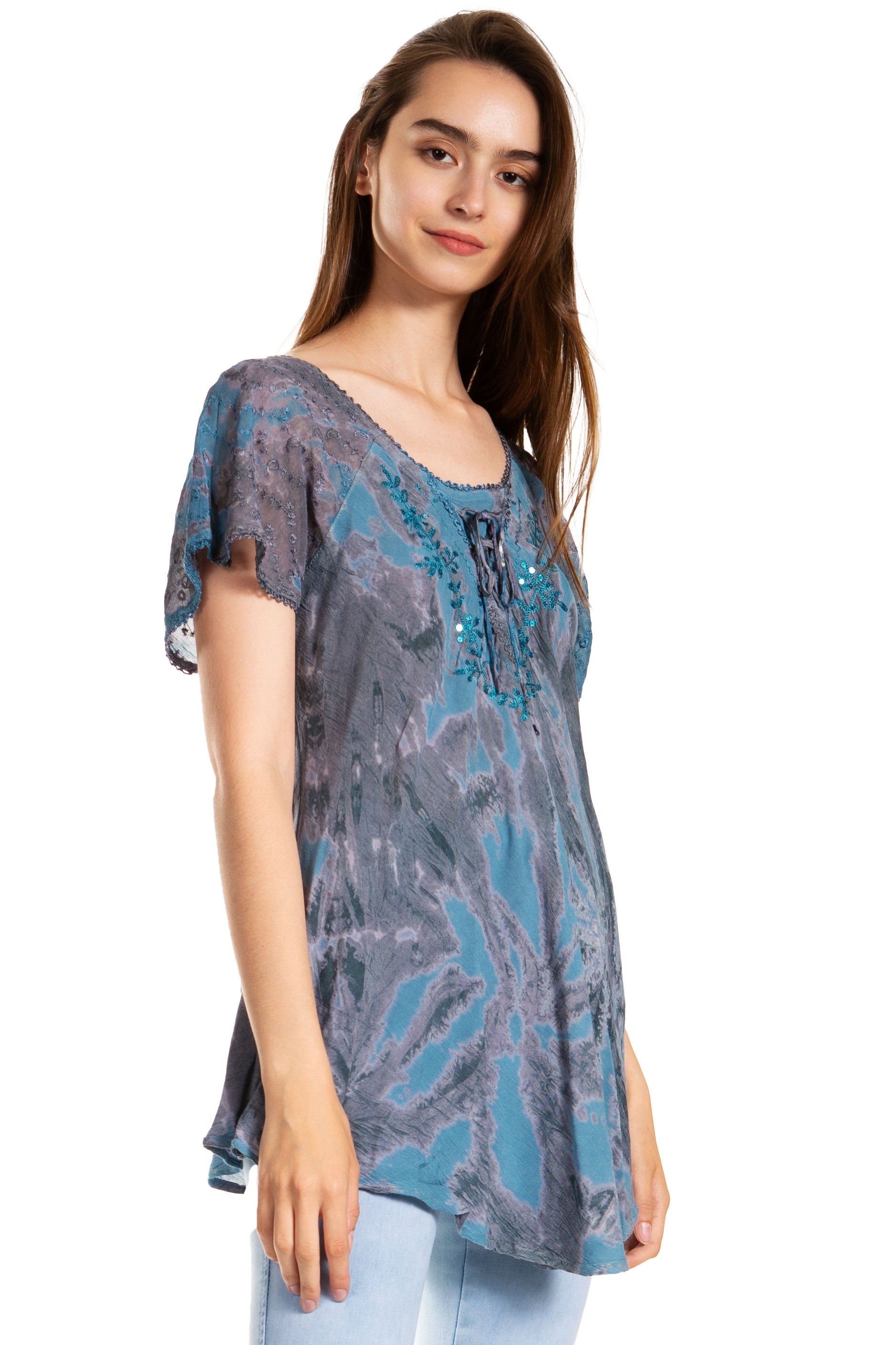 Sakkas - Marzia Loose Fit Short Sleeve Casual Tie Dye Batik Top