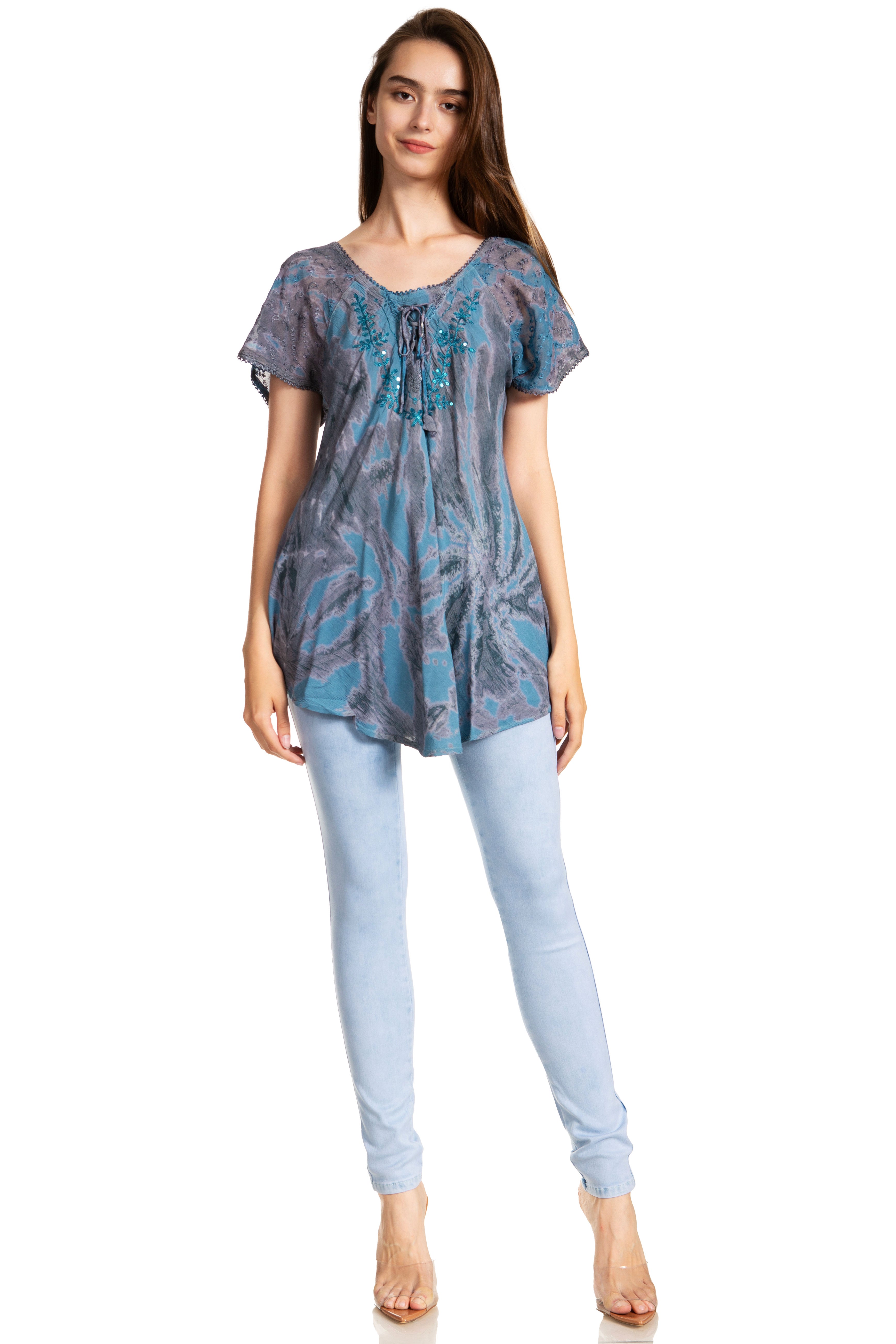 Sakkas - Marzia Loose Fit Short Sleeve Casual Tie Dye Batik Top