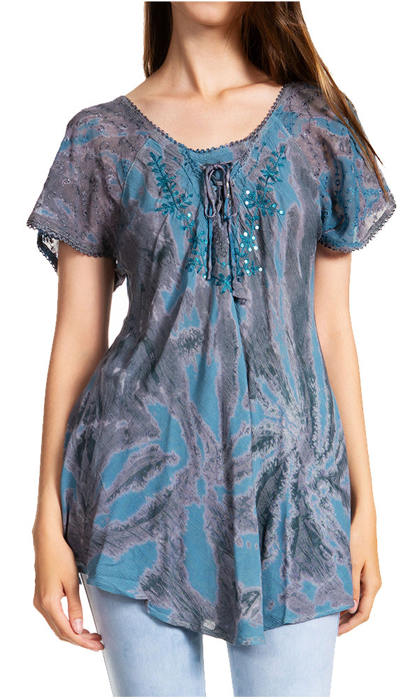 Sakkas - Marzia Loose Fit Short Sleeve Casual Tie Dye Batik Top