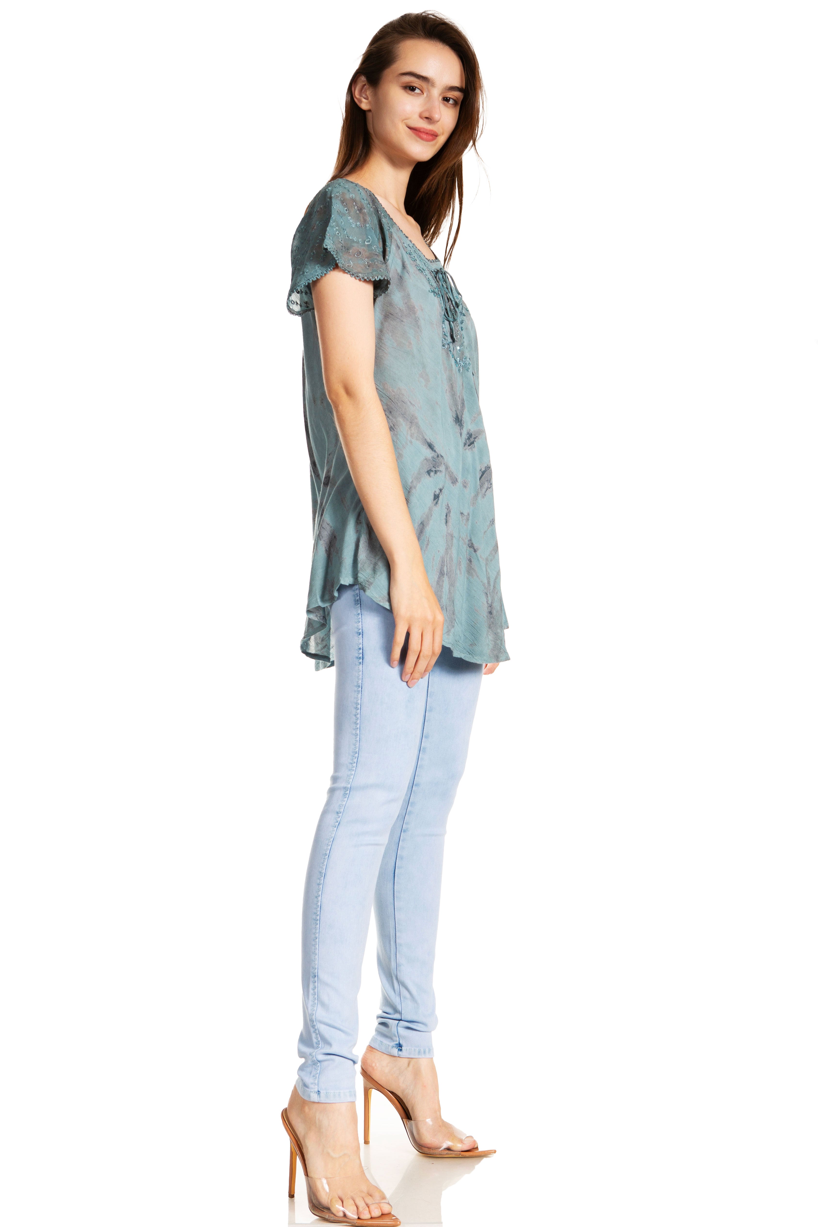 Sakkas - Marzia Loose Fit Short Sleeve Casual Tie Dye Batik Top