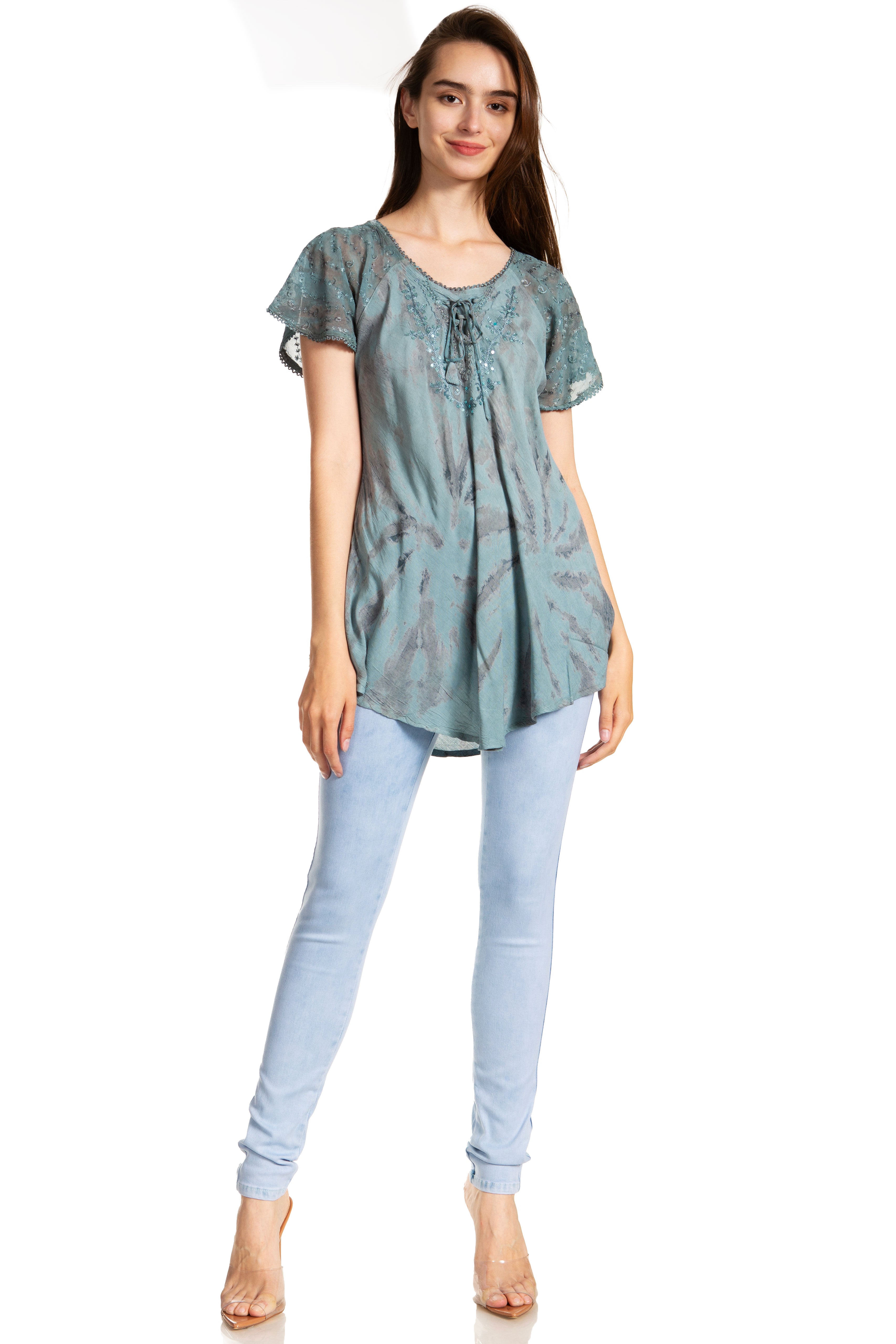Sakkas - Marzia Loose Fit Short Sleeve Casual Tie Dye Batik Top