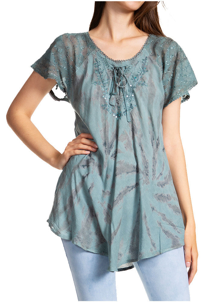 Sakkas - Marzia Loose Fit Short Sleeve Casual Tie Dye Batik Top