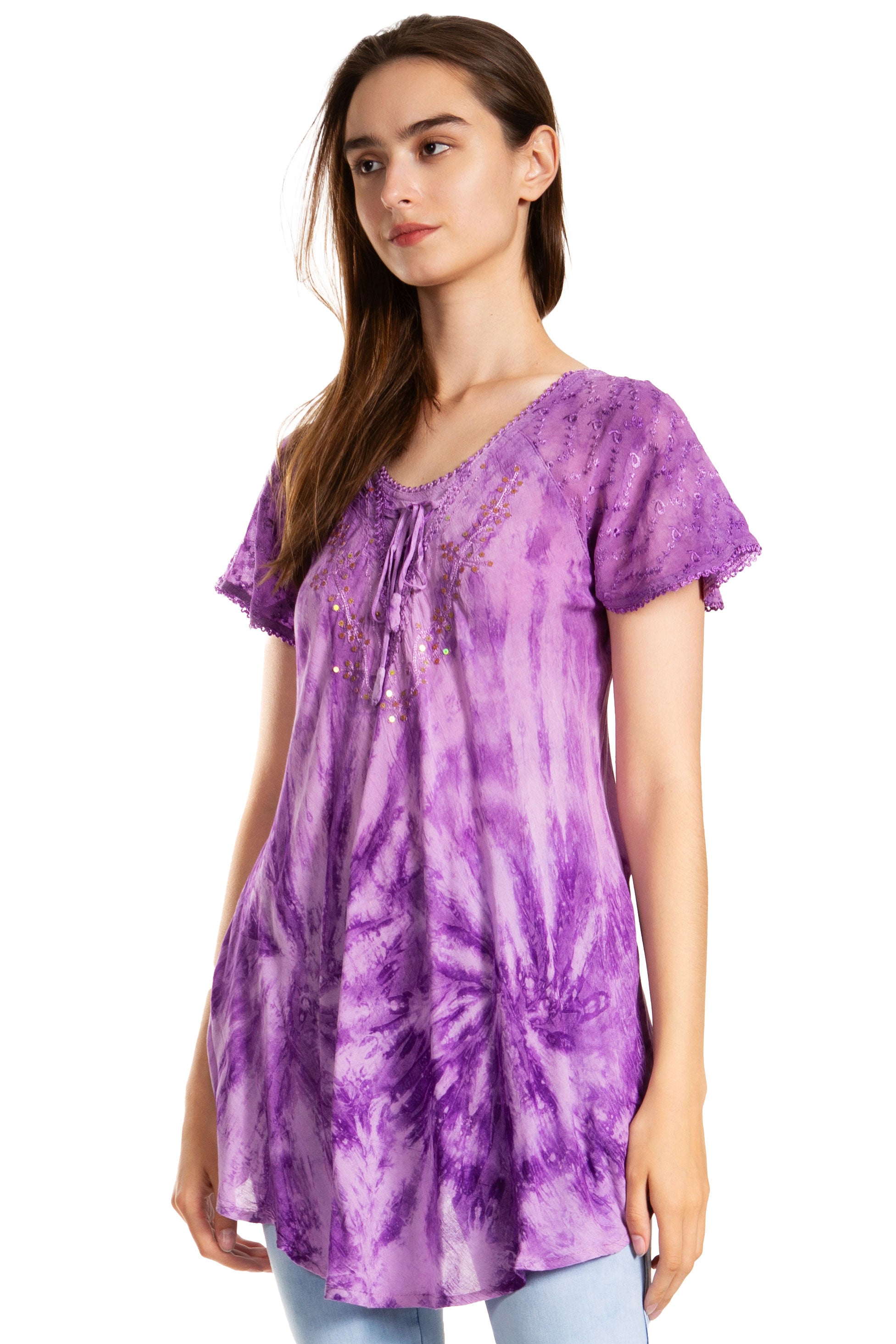 Sakkas - Marzia Loose Fit Short Sleeve Casual Tie Dye Batik Top
