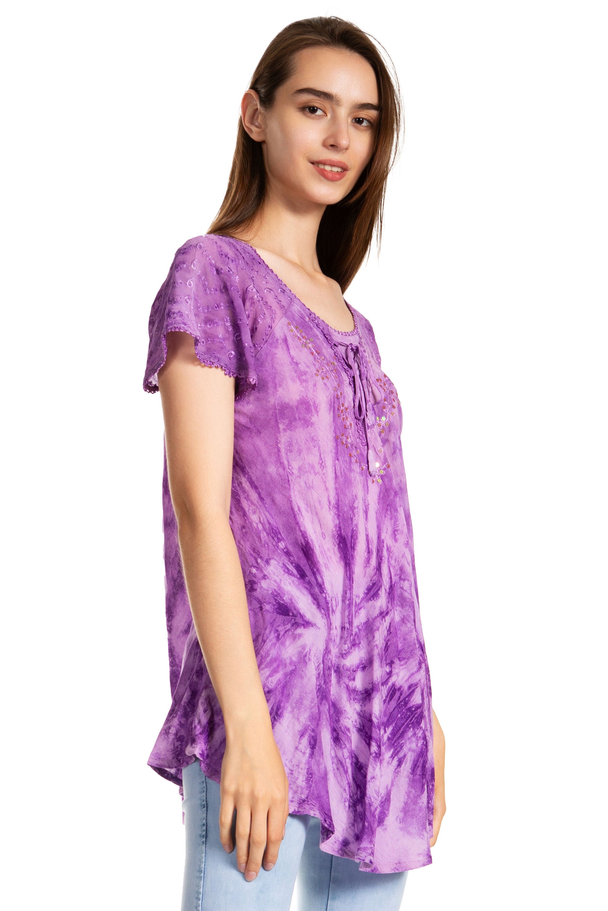 Sakkas - Marzia Loose Fit Short Sleeve Casual Tie Dye Batik Top