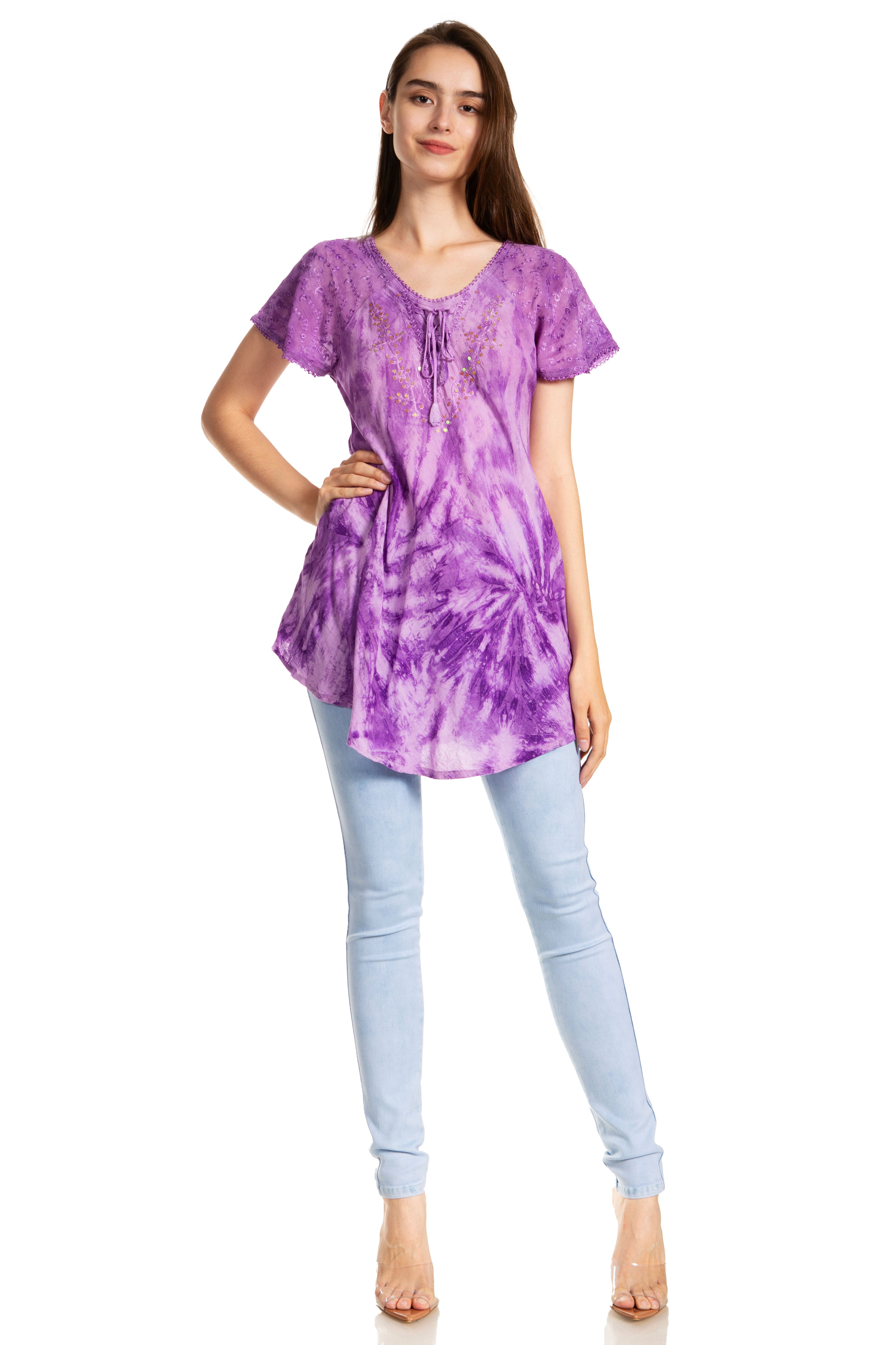 Sakkas - Marzia Loose Fit Short Sleeve Casual Tie Dye Batik Top