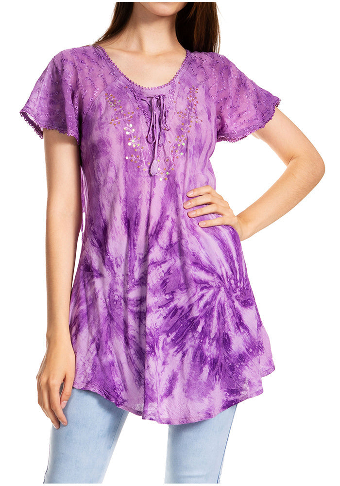 Sakkas - Marzia Loose Fit Short Sleeve Casual Tie Dye Batik Top